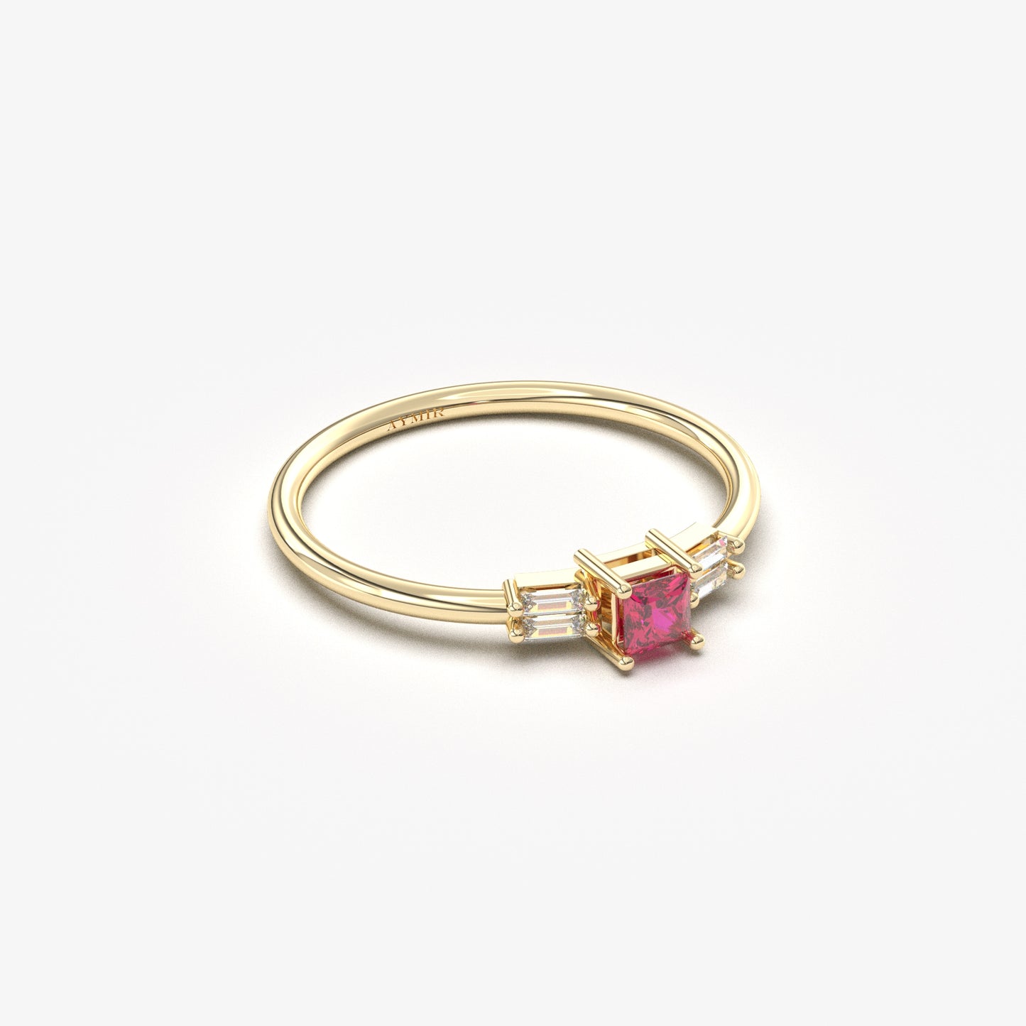 18K Gold Princess Cut Ruby and Cz Ring - 2S162RBY