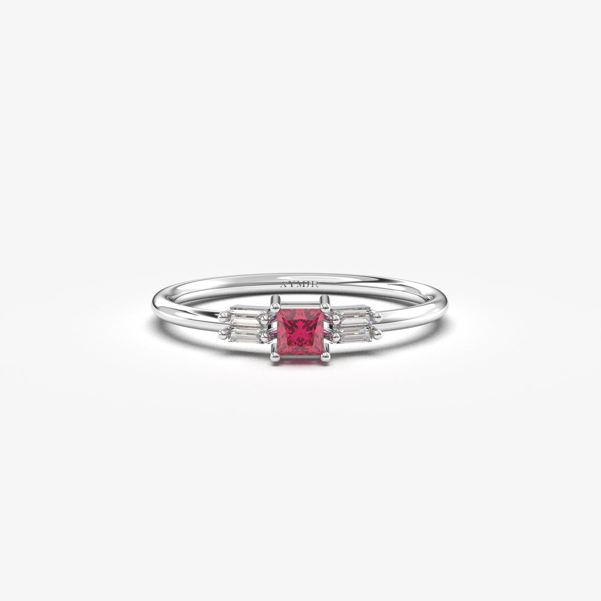 White gold red-stone baguette ring, front view