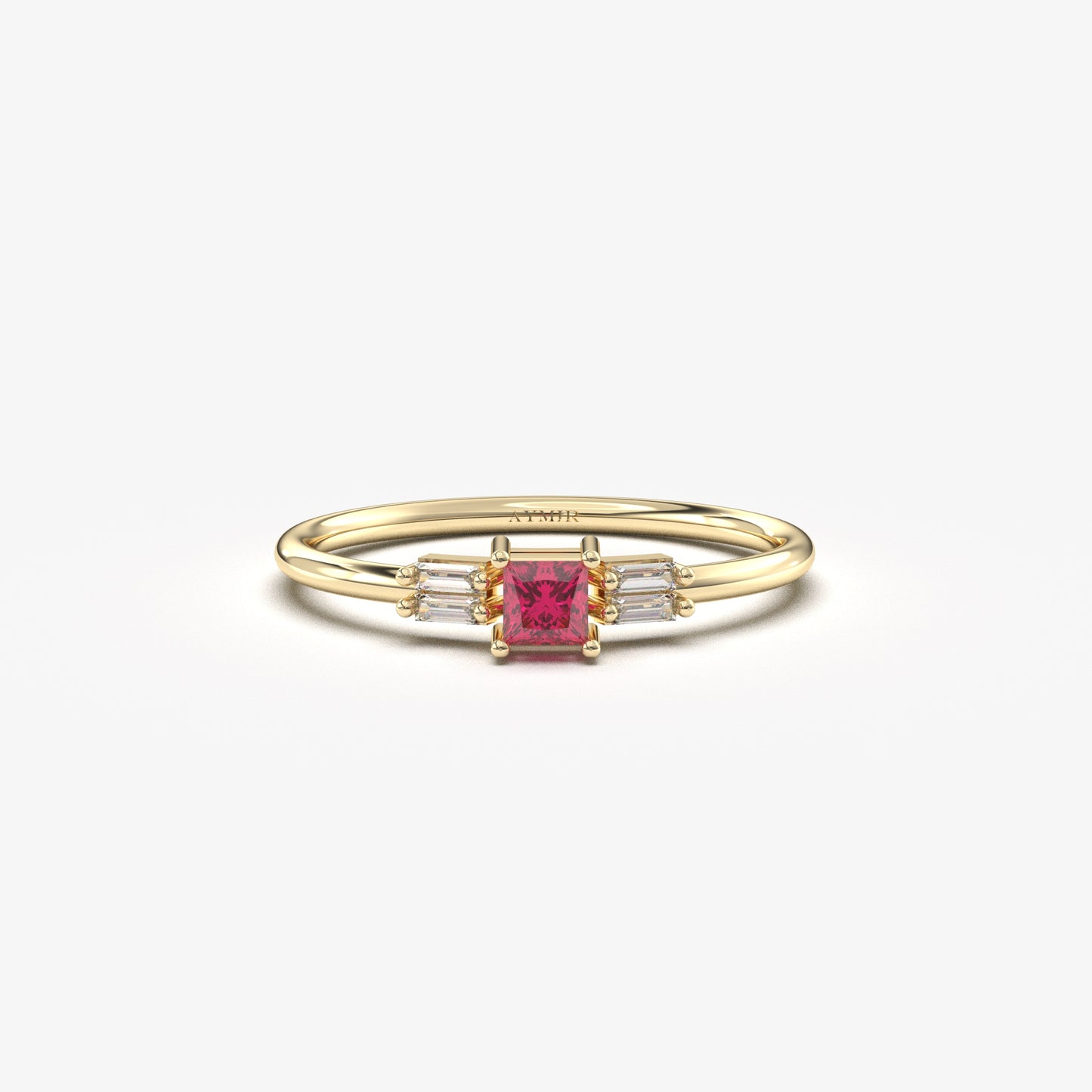 18K Gold Princess Cut Ruby and Cz Ring - 2S162RBY
