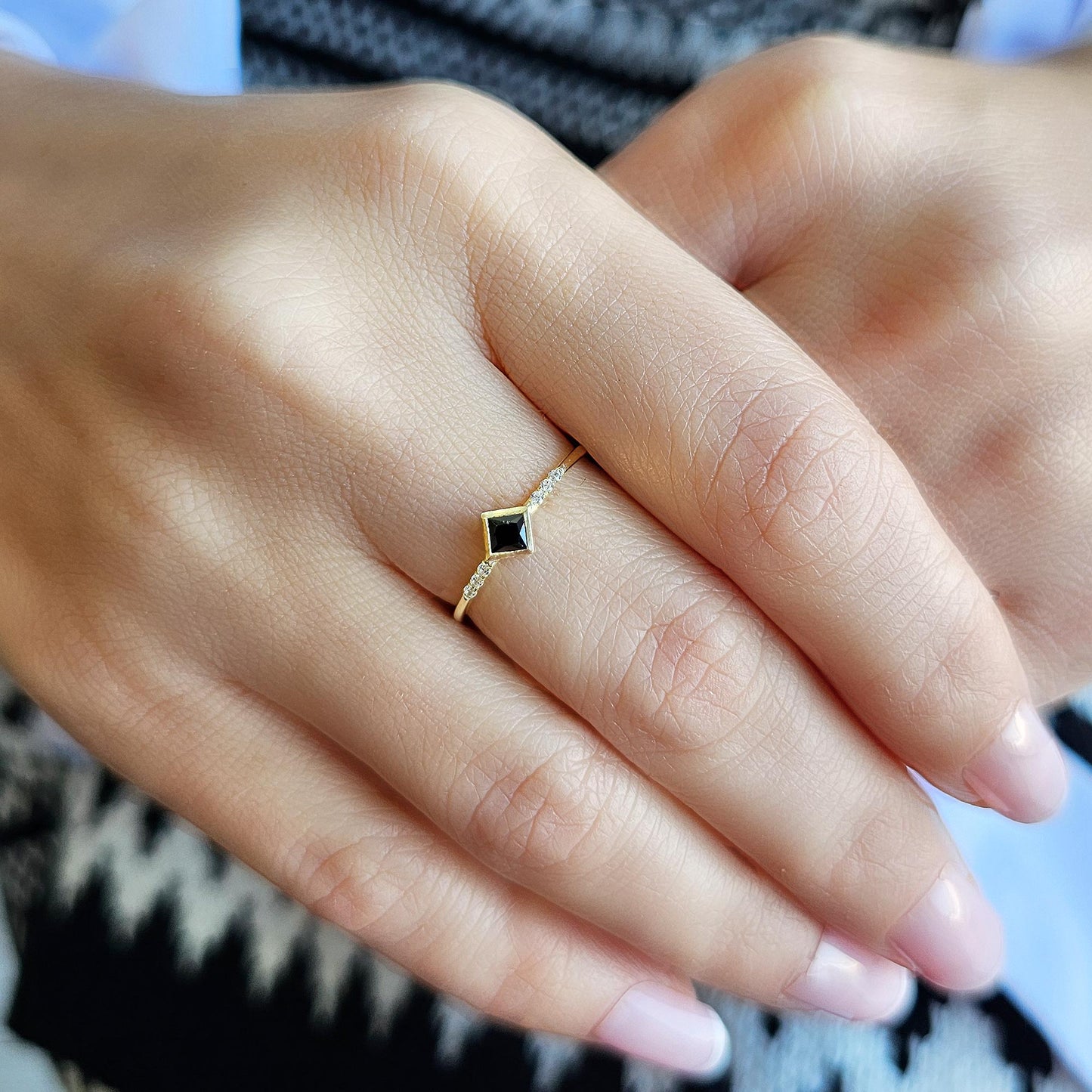 18K Gold Princess Cut Black Onyx and Cz Ring - 2S165BLK