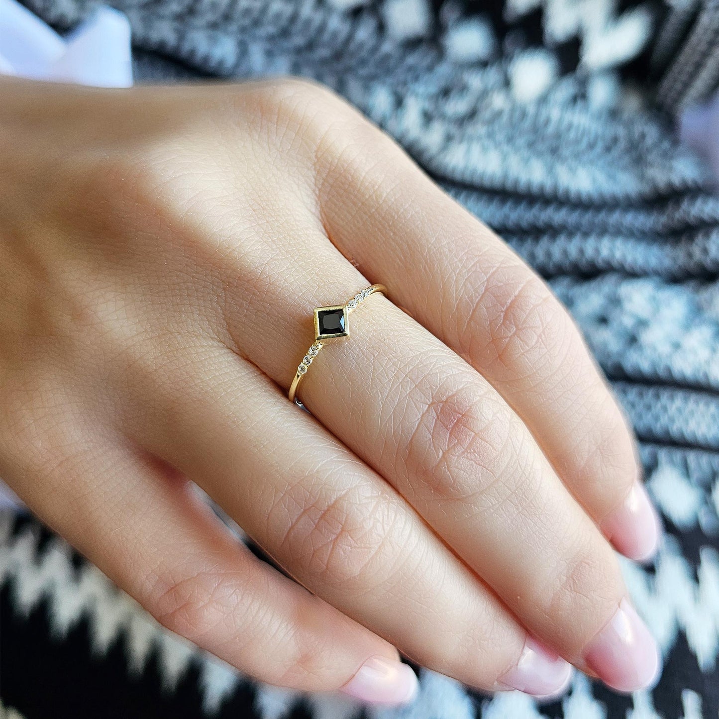 18K Gold Princess Cut Black Onyx and Cz Ring - 2S165BLK