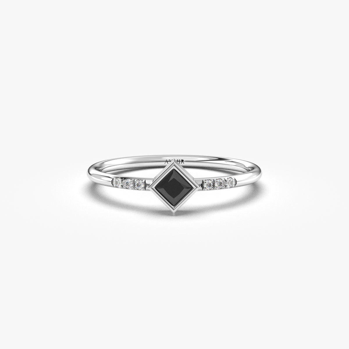White gold black-stone princess ring, front view