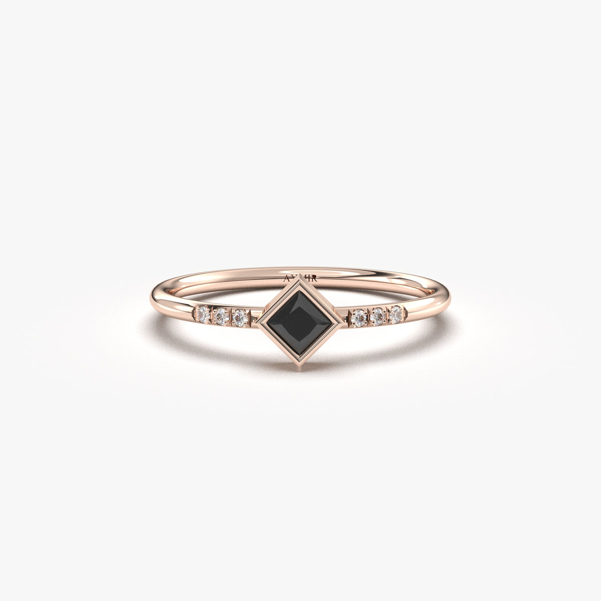 Rose gold black-stone princess ring, front view