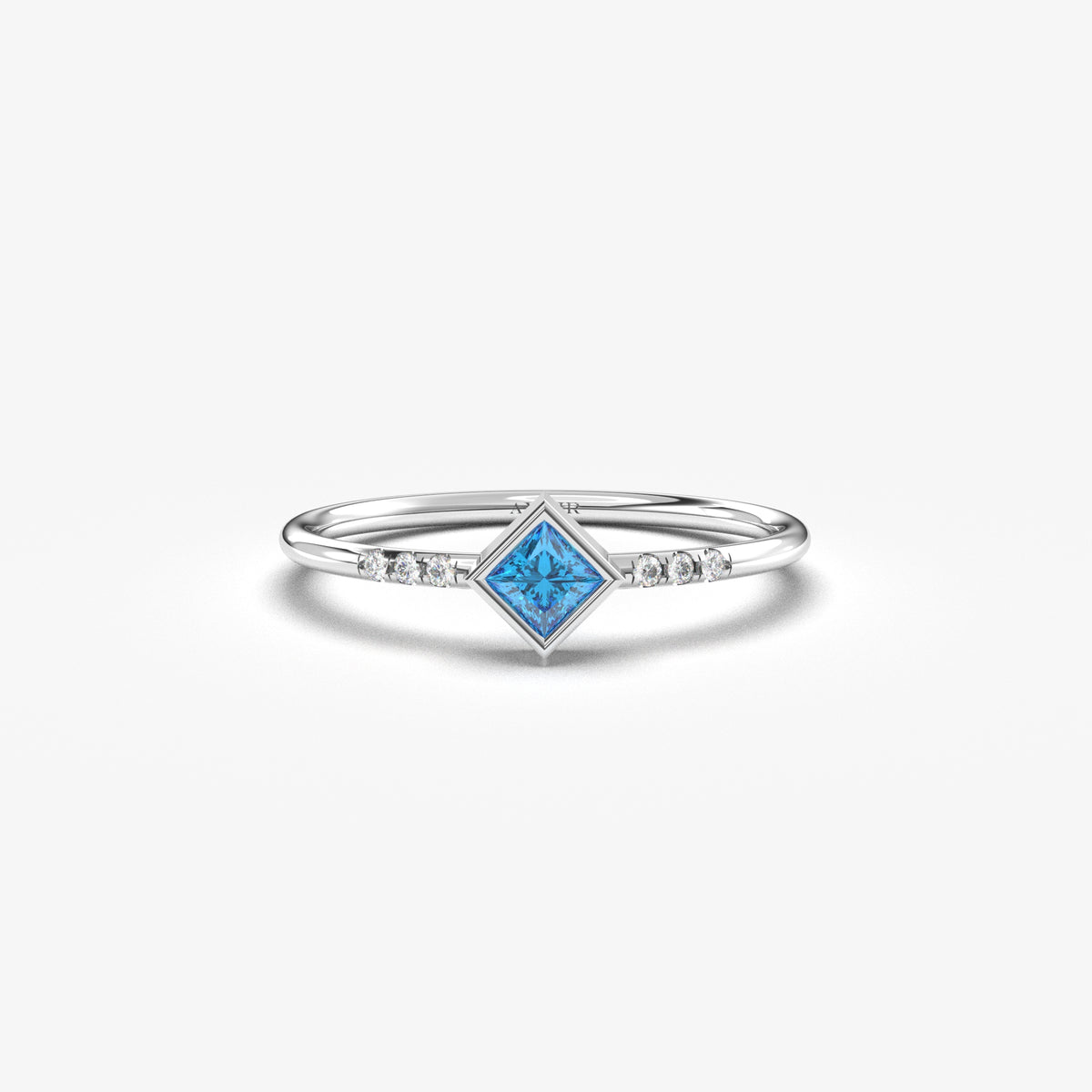 10K white gold blue-stone princess ring with cubic zirconia, front view