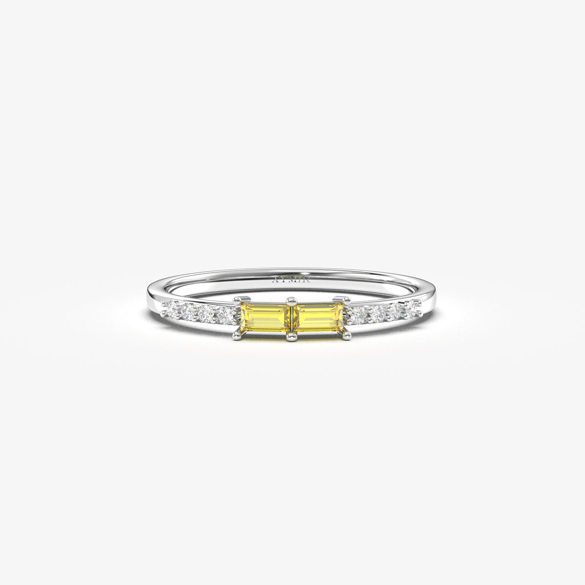 White gold yellow-stone baguette ring, front view