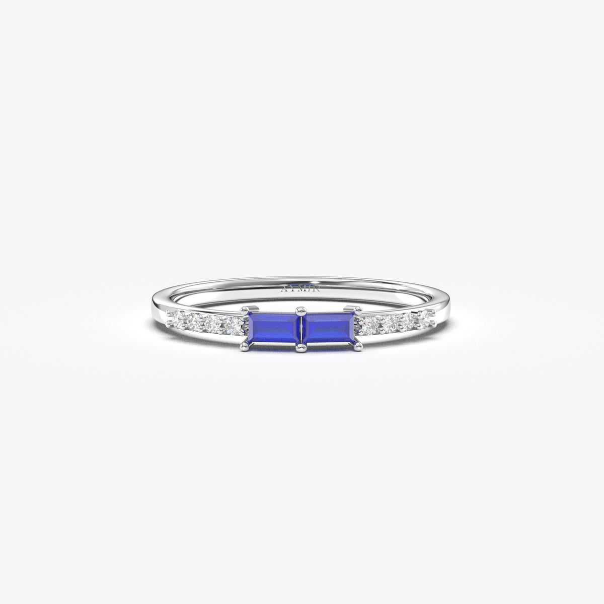 White gold blue-stone baguette ring, front view