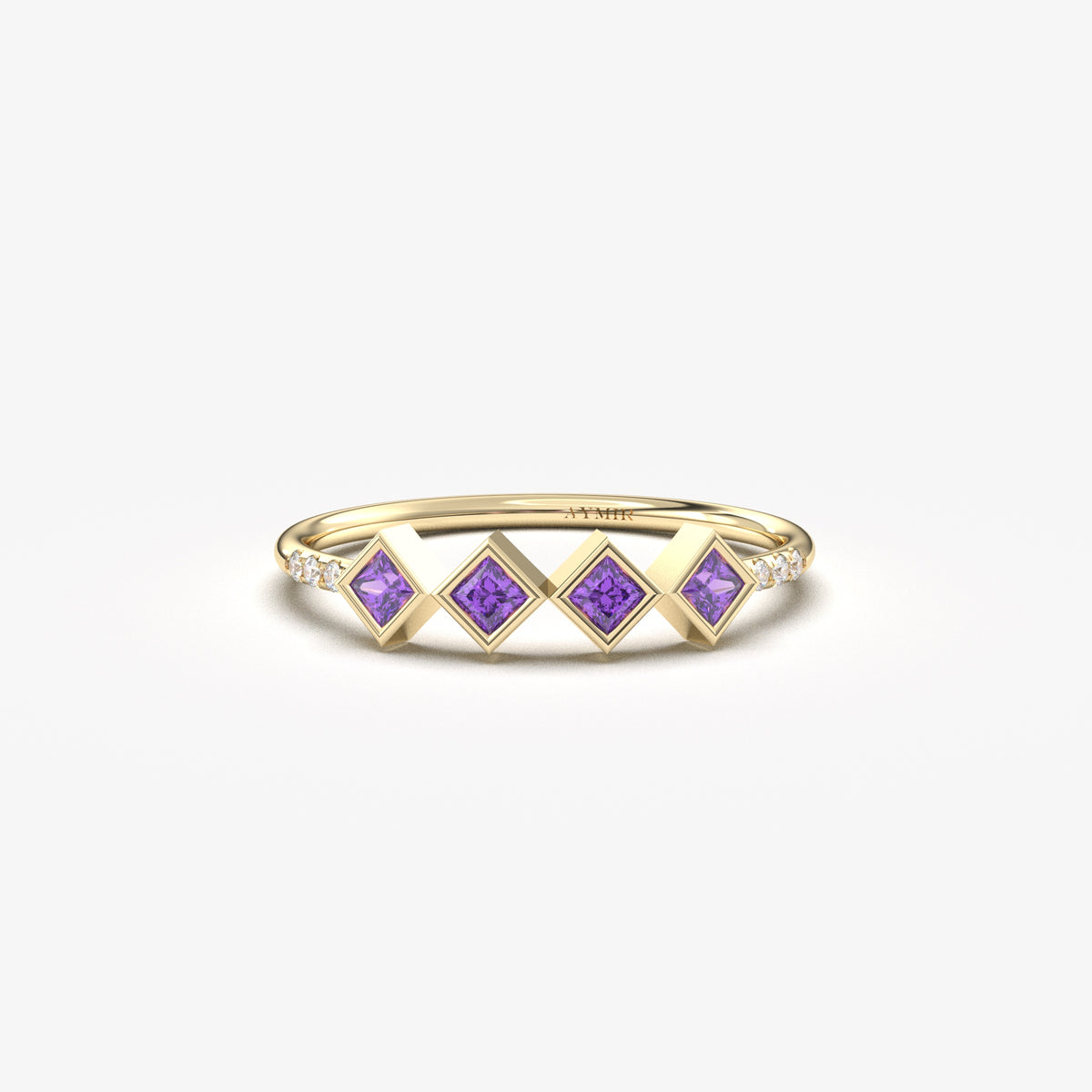 18K yellow gold purple stone four princess ring with cubic zirconia, front view