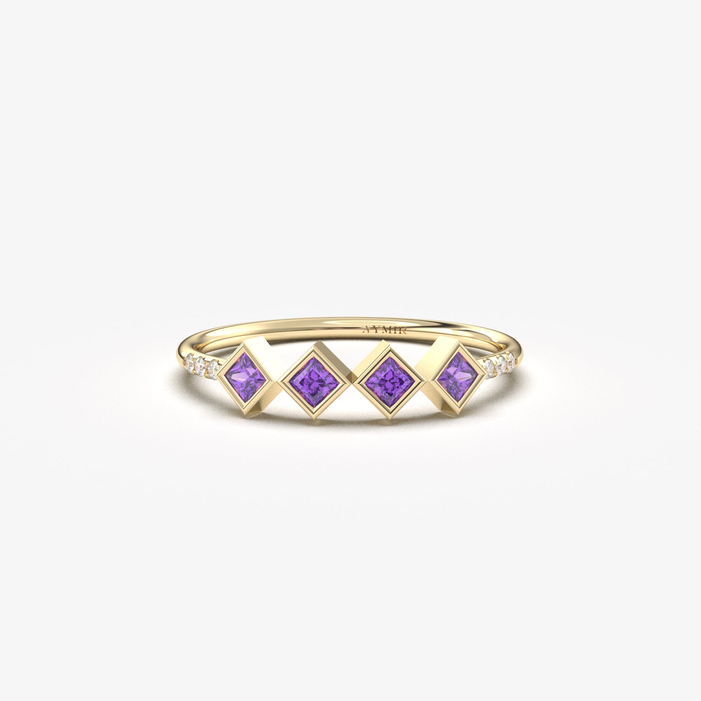 10K yellow gold purple stone four princess ring with cubic zirconia, front view