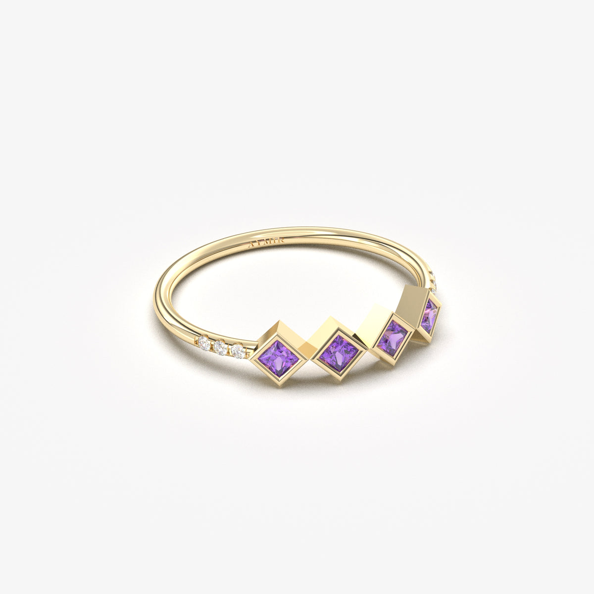 10K yellow gold purple stone four princess ring with cubic zirconia, angled view