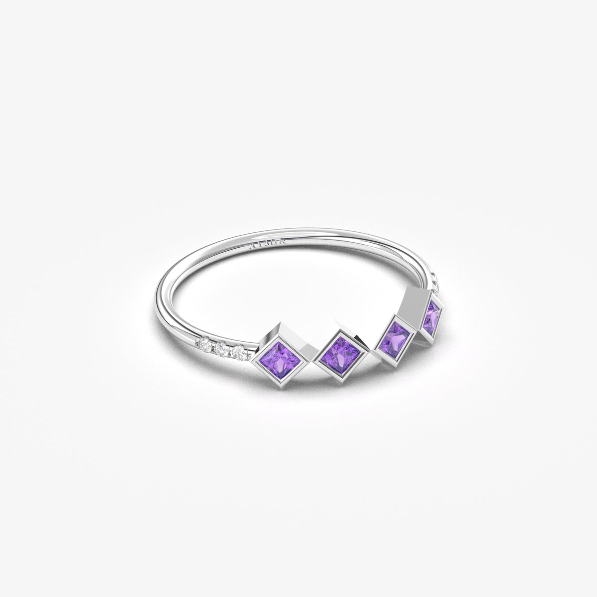 18K white gold purple stone four princess ring with cubic zirconia, angled view