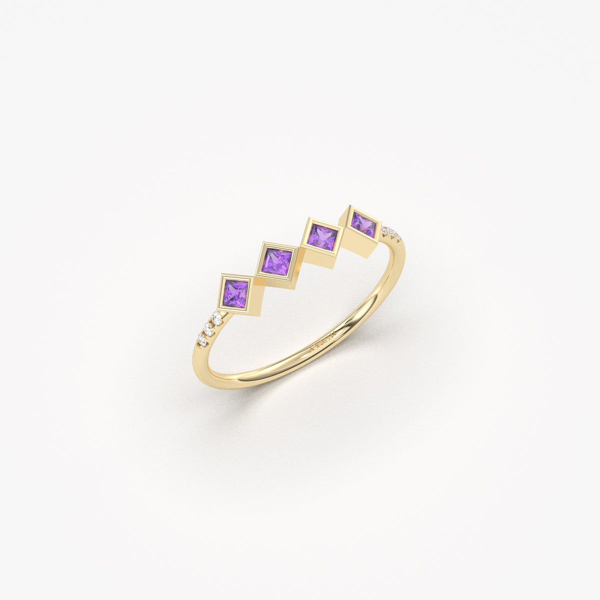 18K yellow gold purple stone four princess ring with cubic zirconia, side view