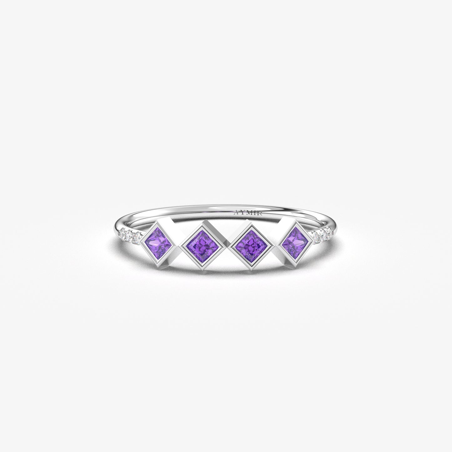 10K white gold purple stone four princess ring with cubic zirconia, front view