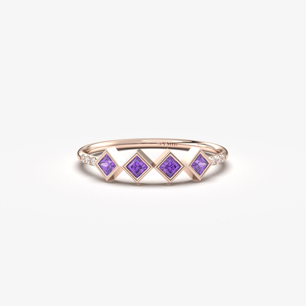 18K rose gold purple stone four princess ring with cubic zirconia, front view