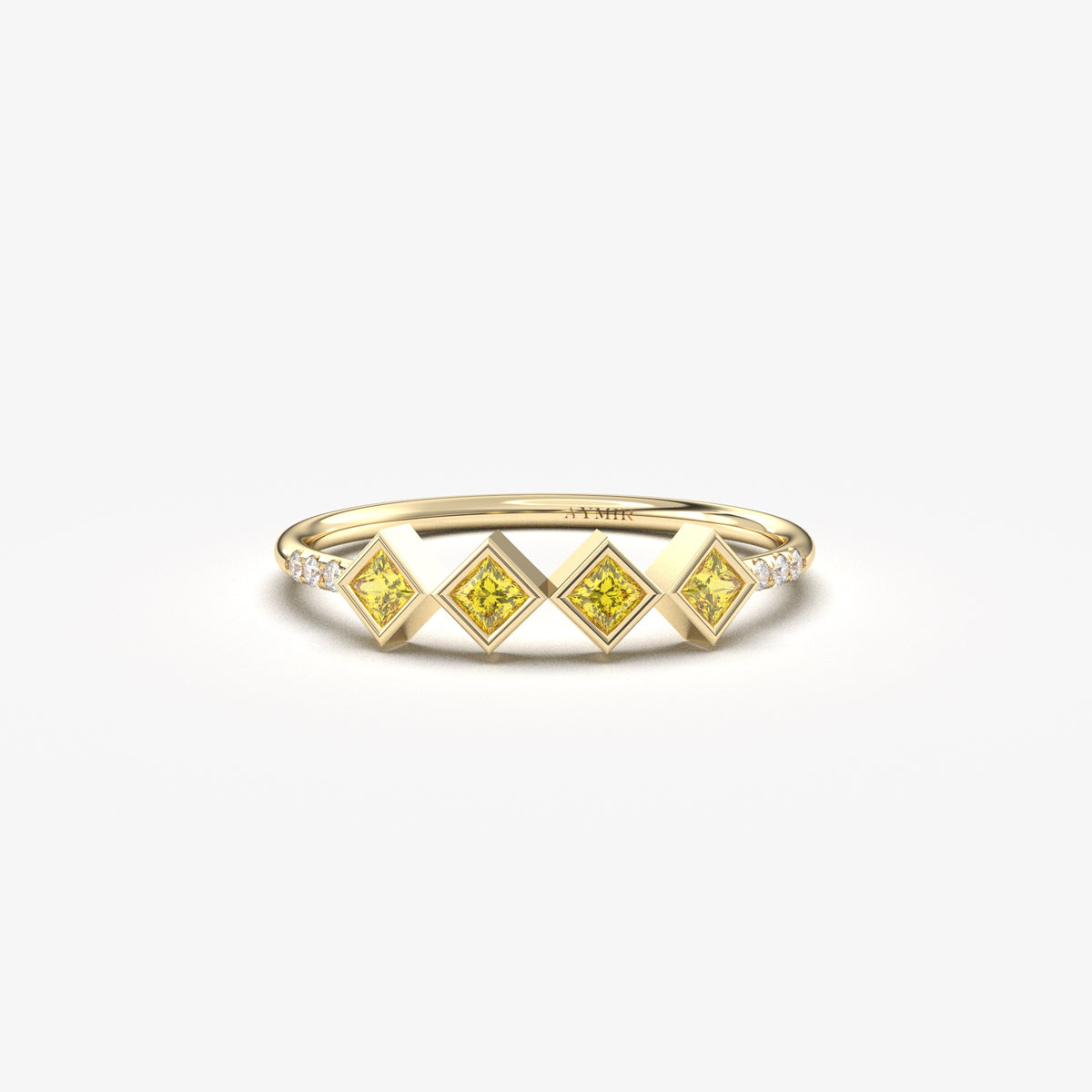 18K yellow gold yellow stone four princess ring with cubic zirconia, front view