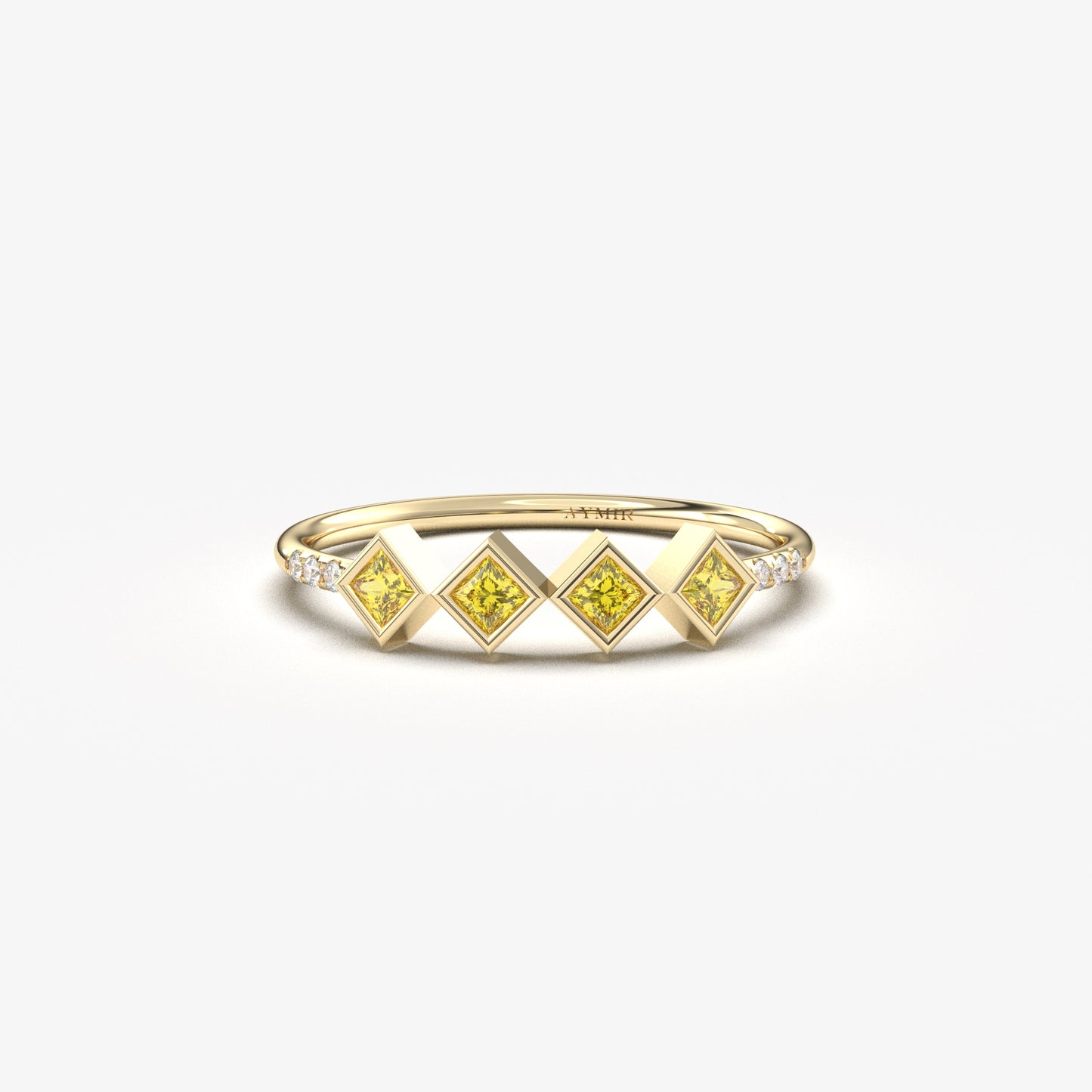 10K yellow gold yellow stone four princess ring with cubic zirconia, front view