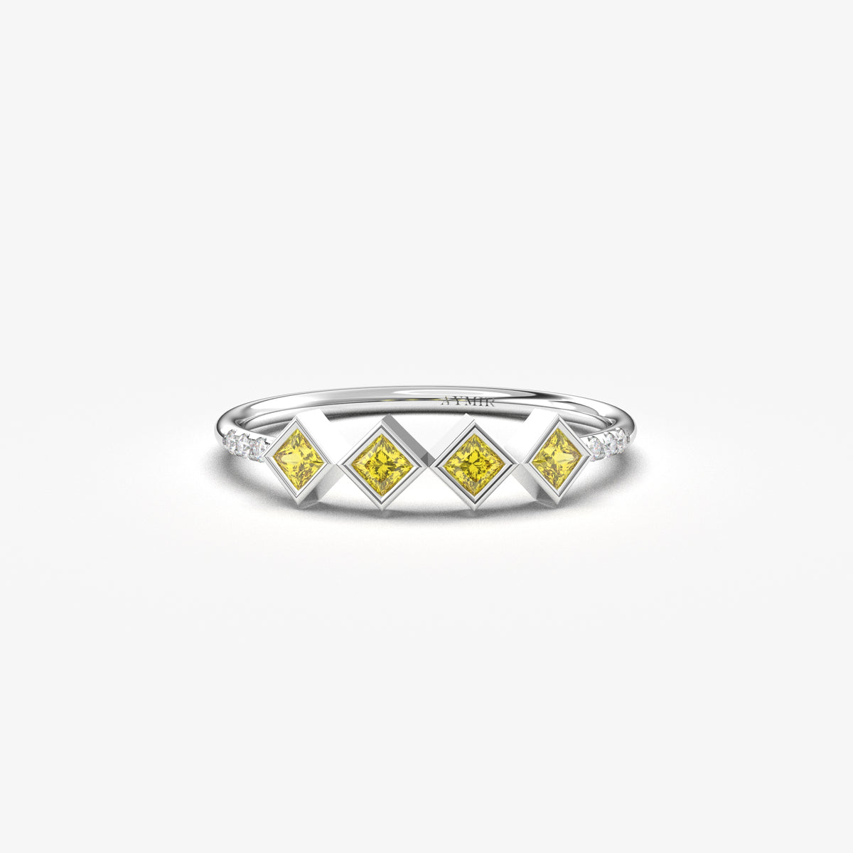 14K white gold yellow stone four princess ring with cubic zirconia, front view