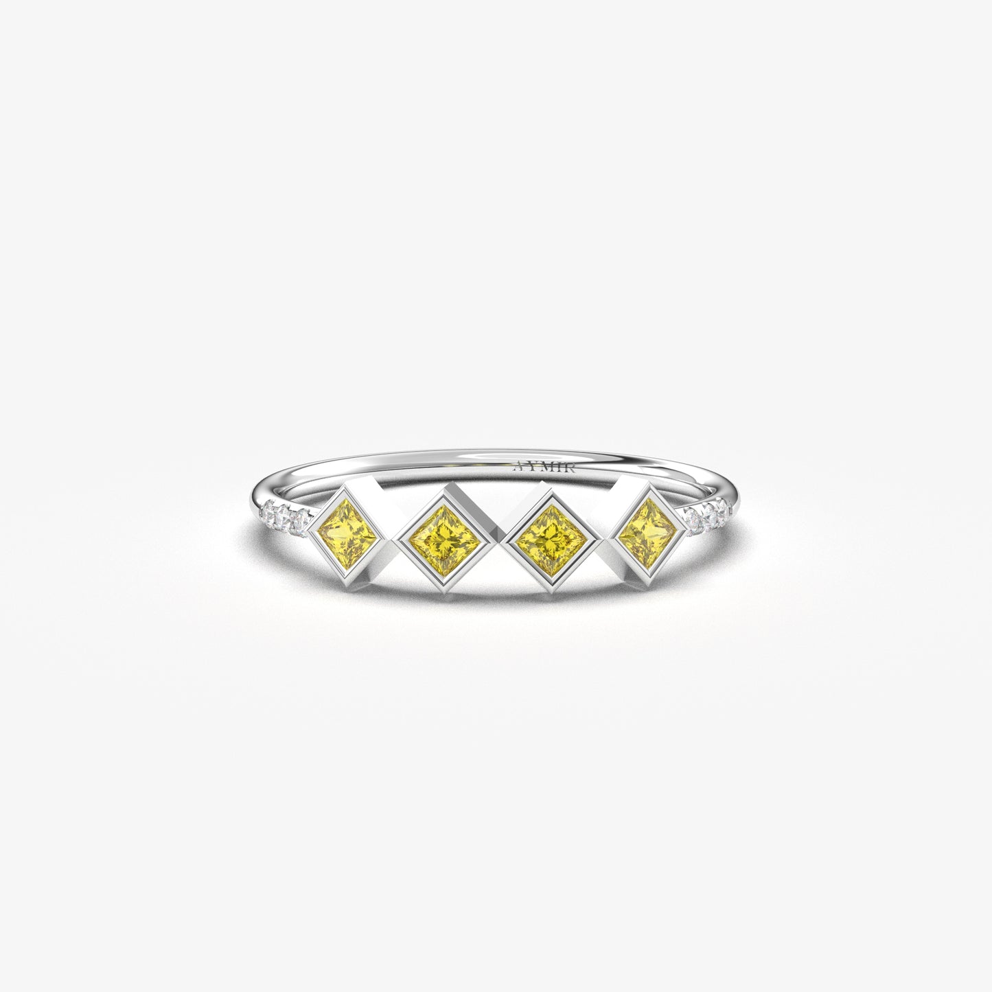 10K white gold yellow stone four princess ring with cubic zirconia, front view