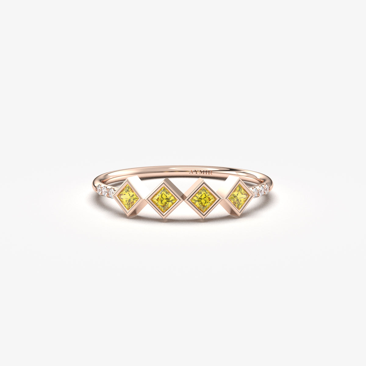 10K rose gold yellow stone four princess ring with cubic zirconia, front view