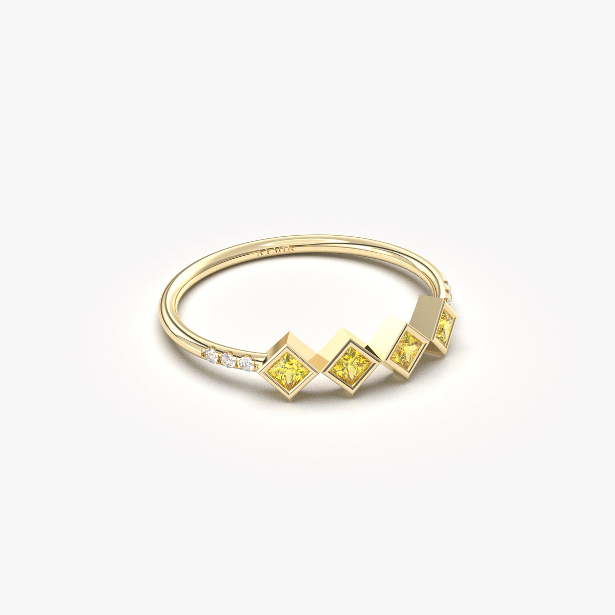 18K yellow gold yellow stone four princess ring with cubic zirconia, angled view