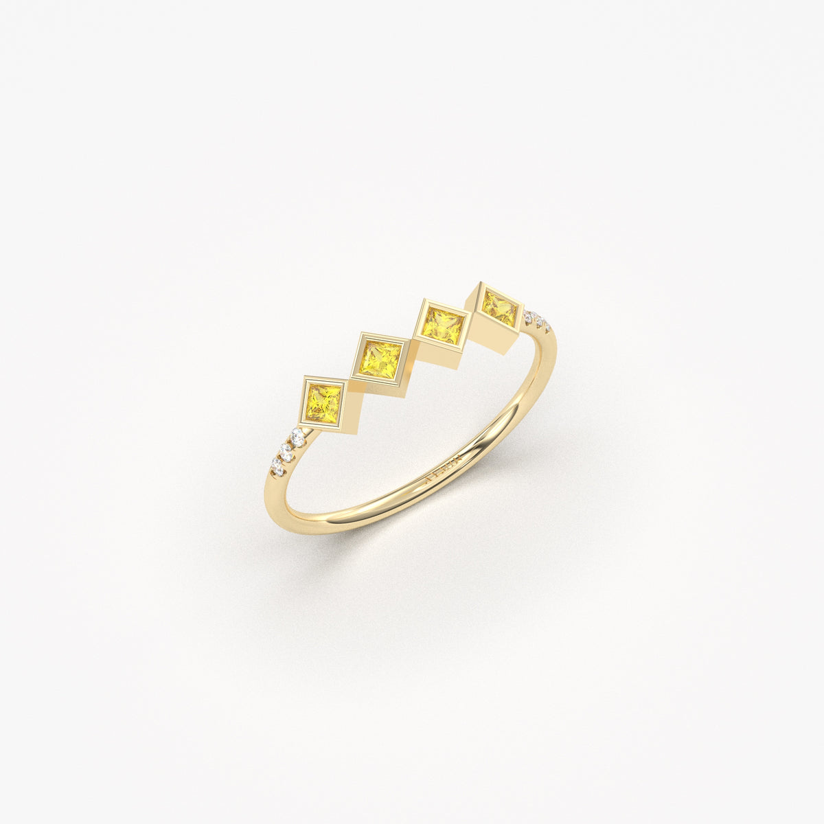 14K yellow gold yellow stone four princess ring with cubic zirconia, side view
