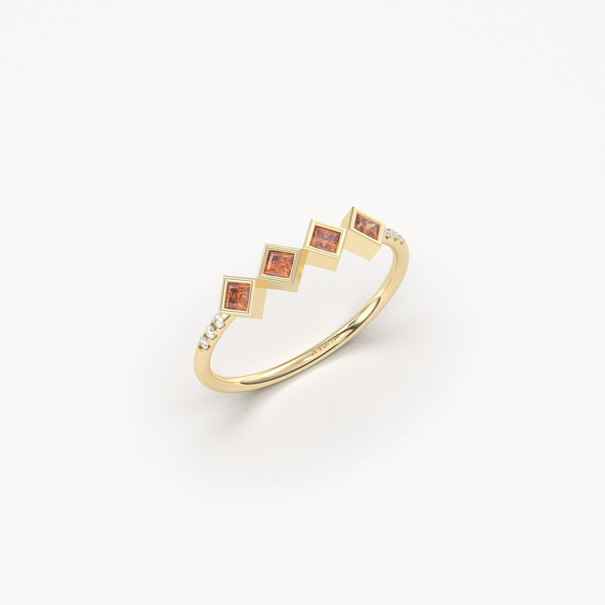 18K yellow gold dark red stone four princess ring with cubic zirconia, side view