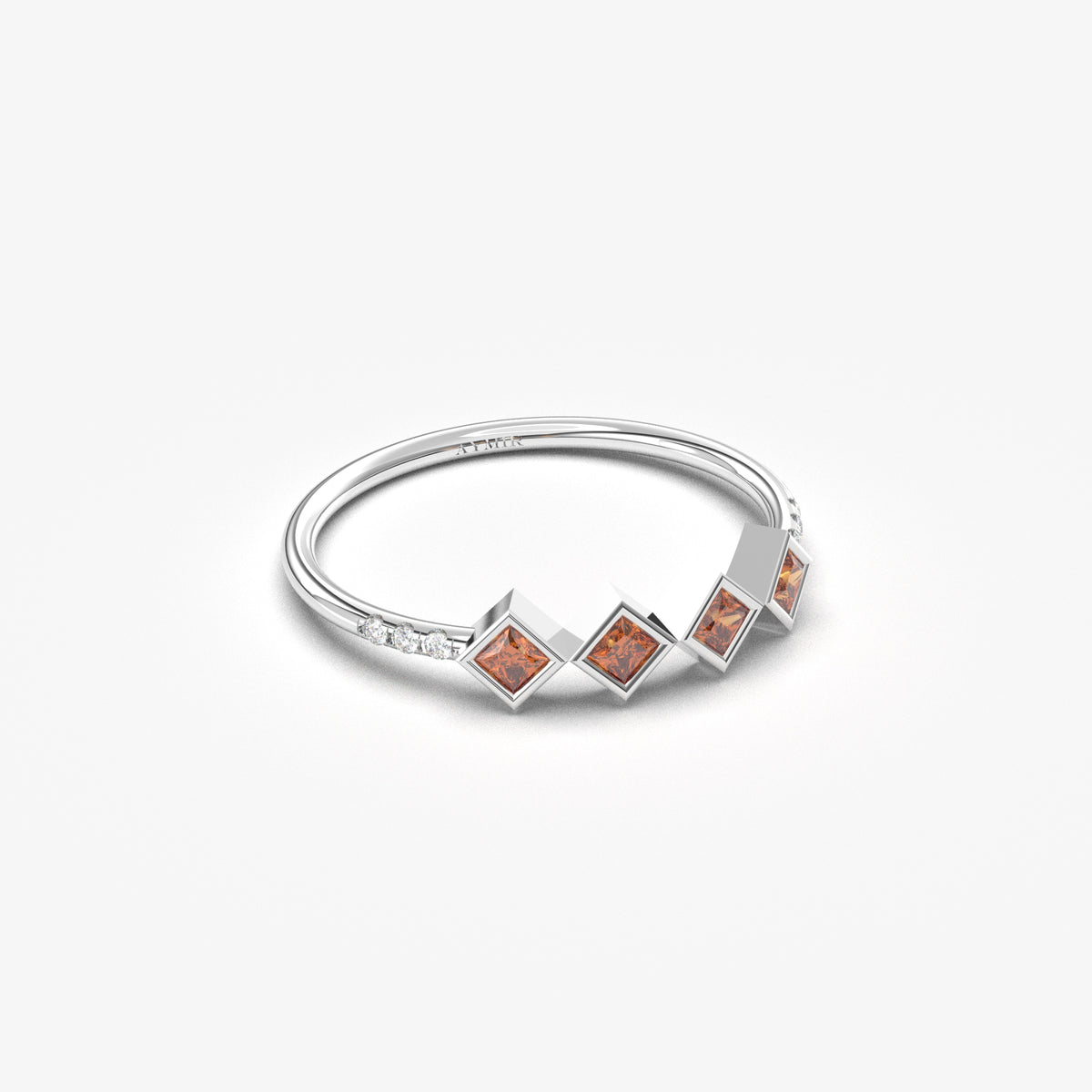 18K white gold dark red stone four princess ring with cubic zirconia, angled view