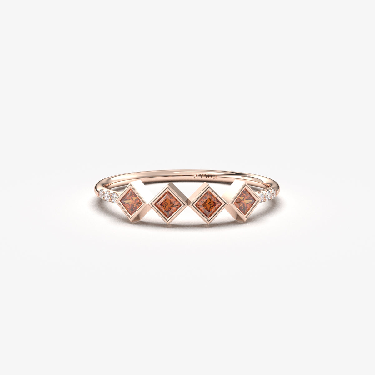 18K rose gold dark red stone four princess ring with cubic zirconia, front view