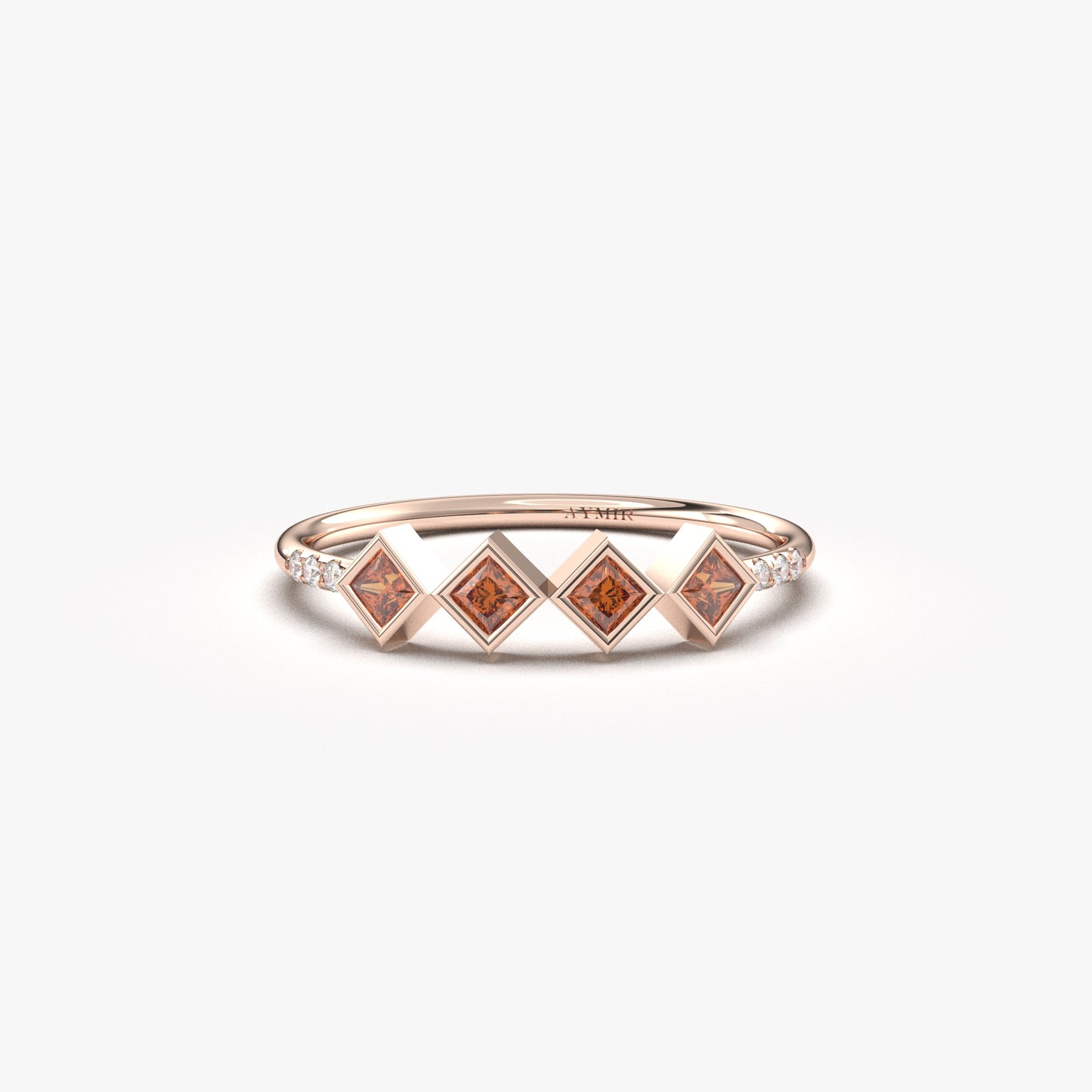 10K rose gold dark red stone four princess ring with cubic zirconia, front view