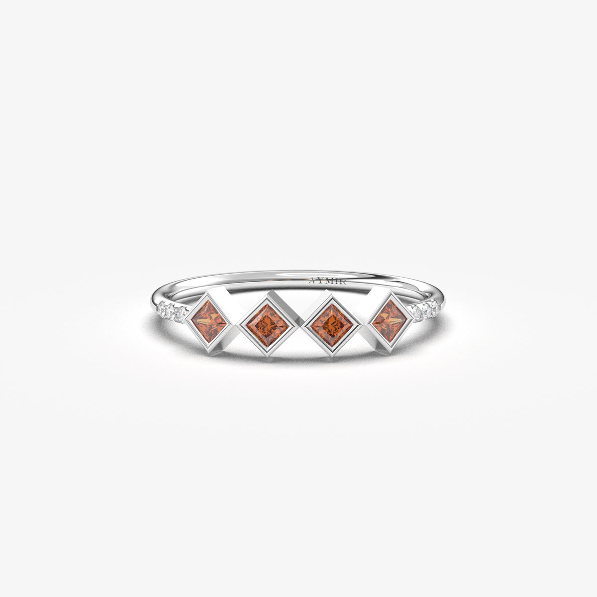 18K white gold dark red stone four princess ring with cubic zirconia, front view