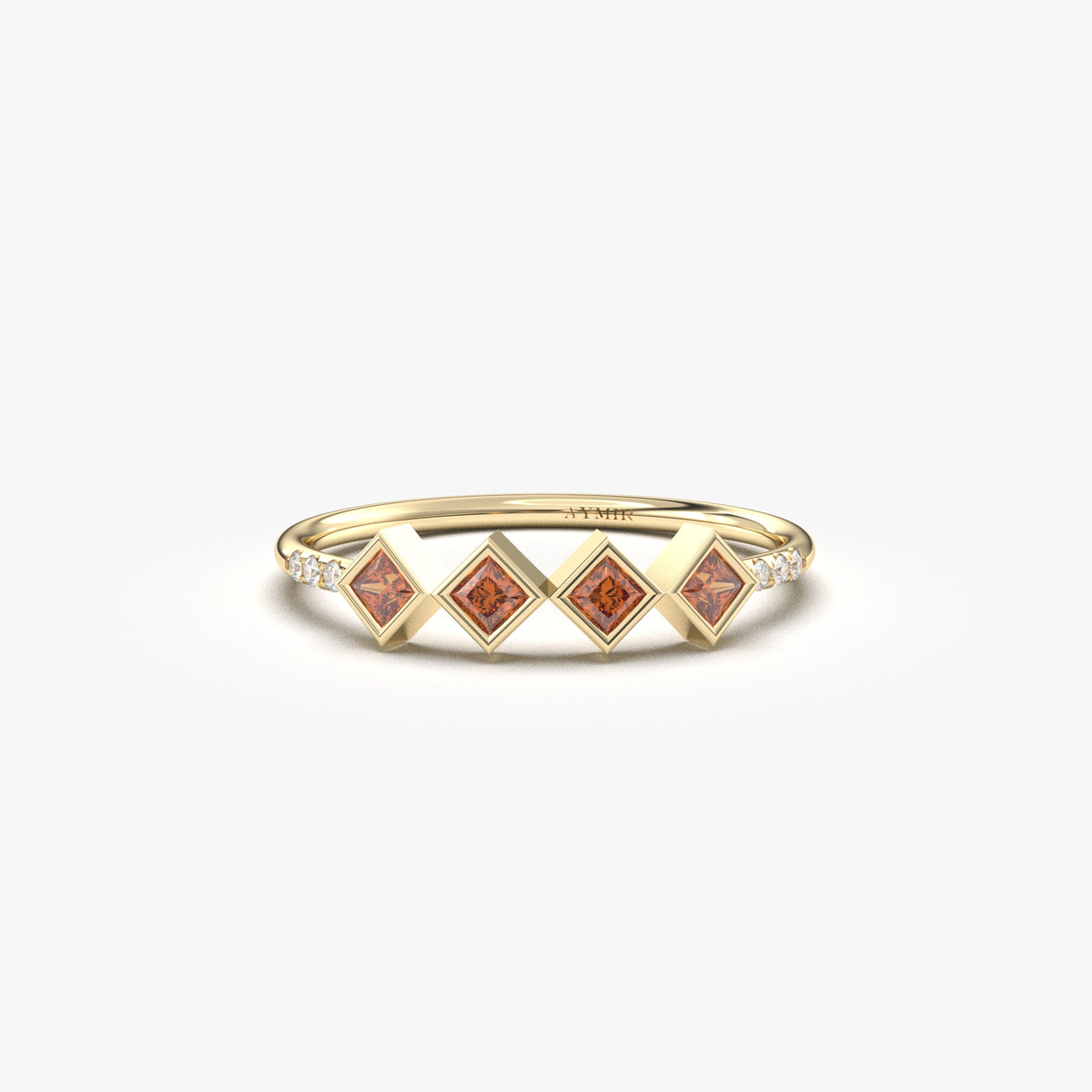 18K yellow gold dark red stone four princess ring with cubic zirconia, front view