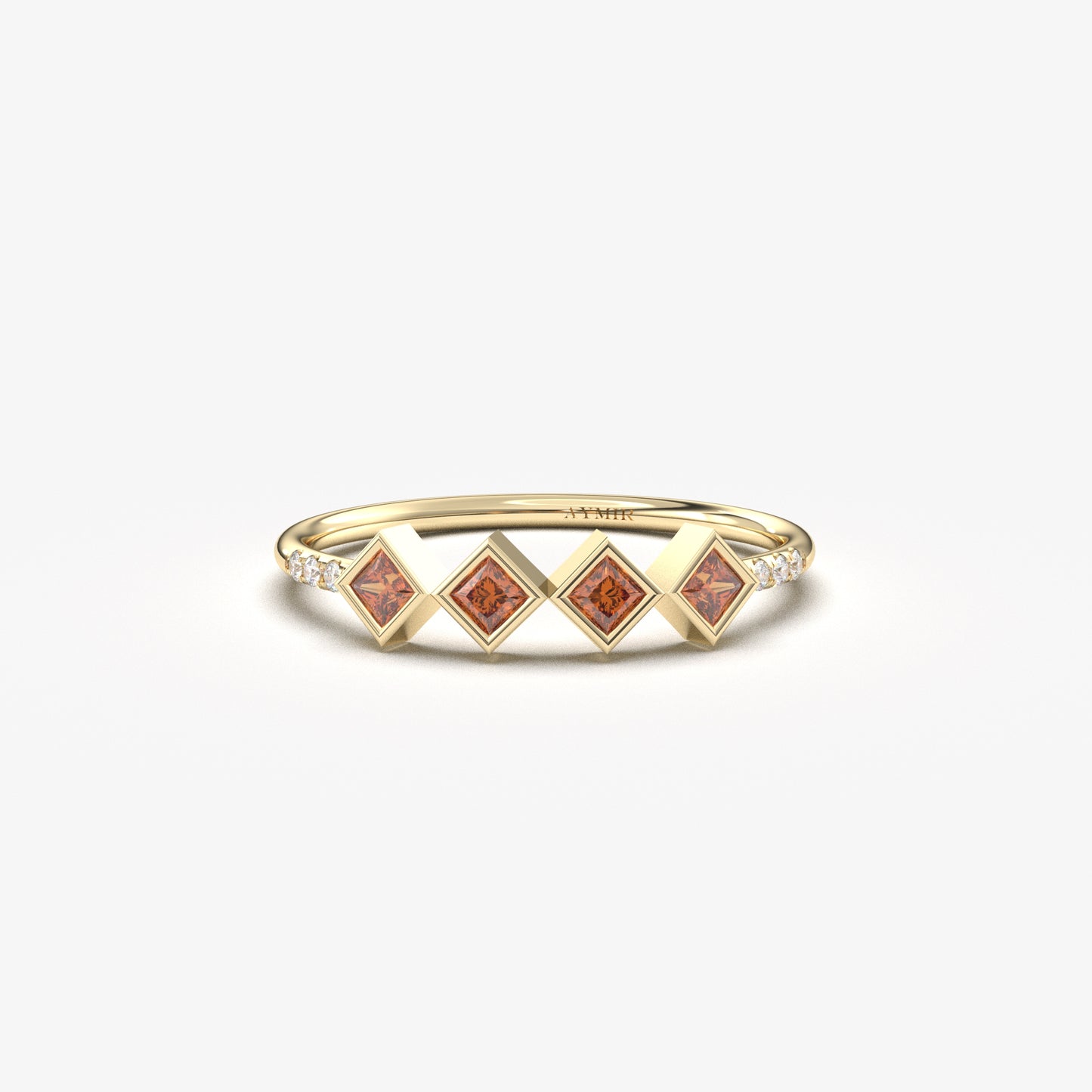 10K yellow gold dark red stone four princess ring with cubic zirconia, front view