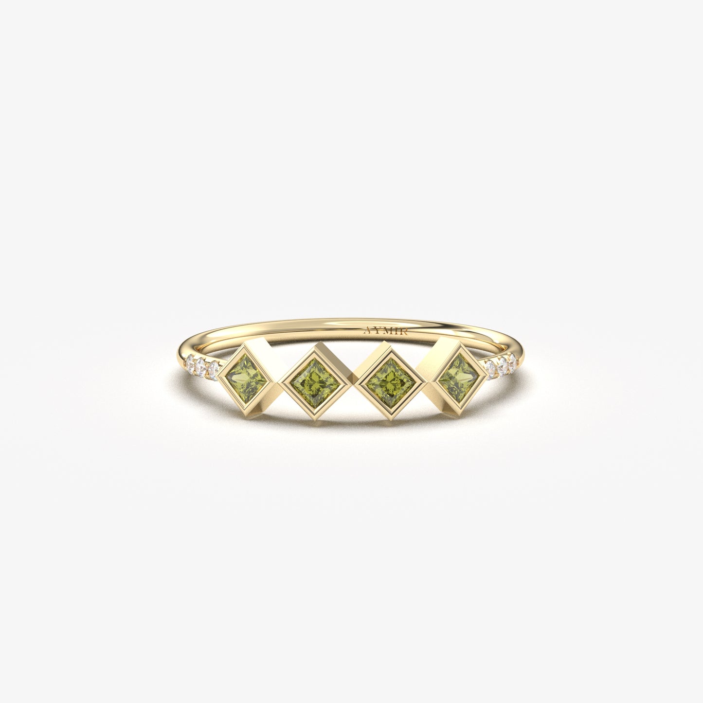 18K yellow gold green stone four princess ring with cubic zirconia, front view