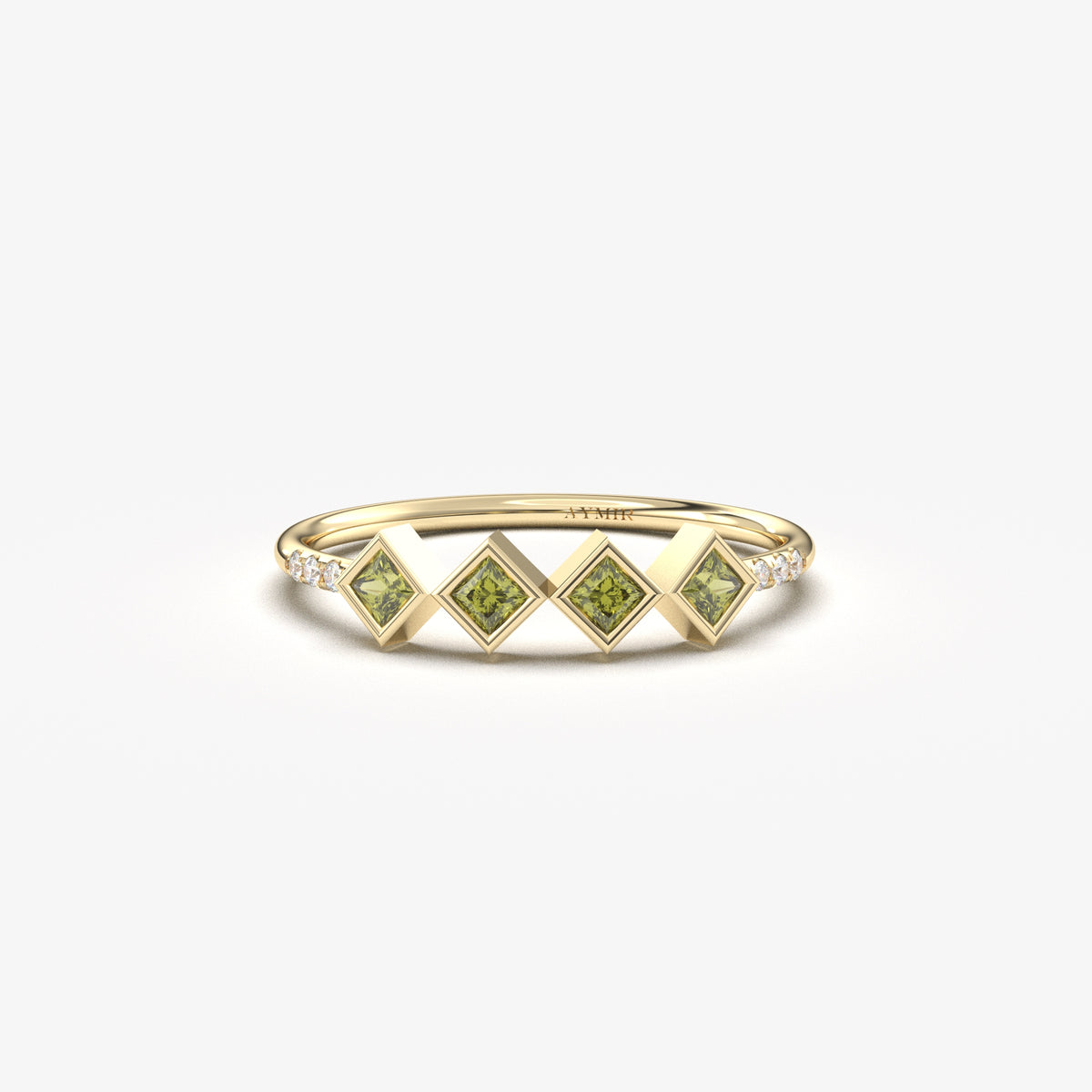 10K yellow gold green stone four princess ring with cubic zirconia, front view