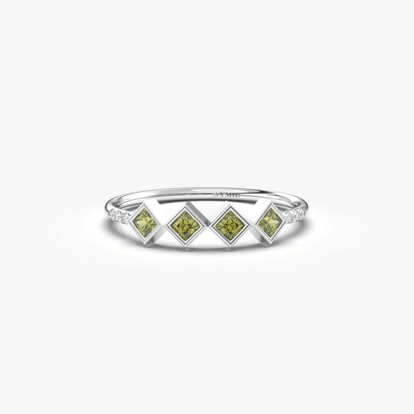10K white gold green stone four princess ring with cubic zirconia, front view