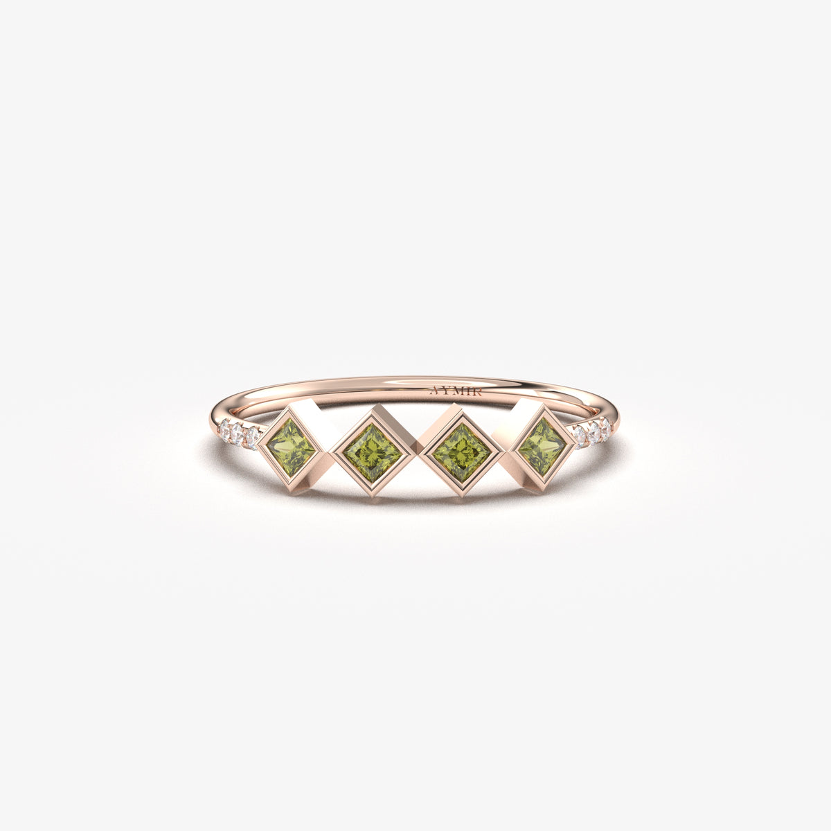 10K rose gold green stone four princess ring with cubic zirconia, front view