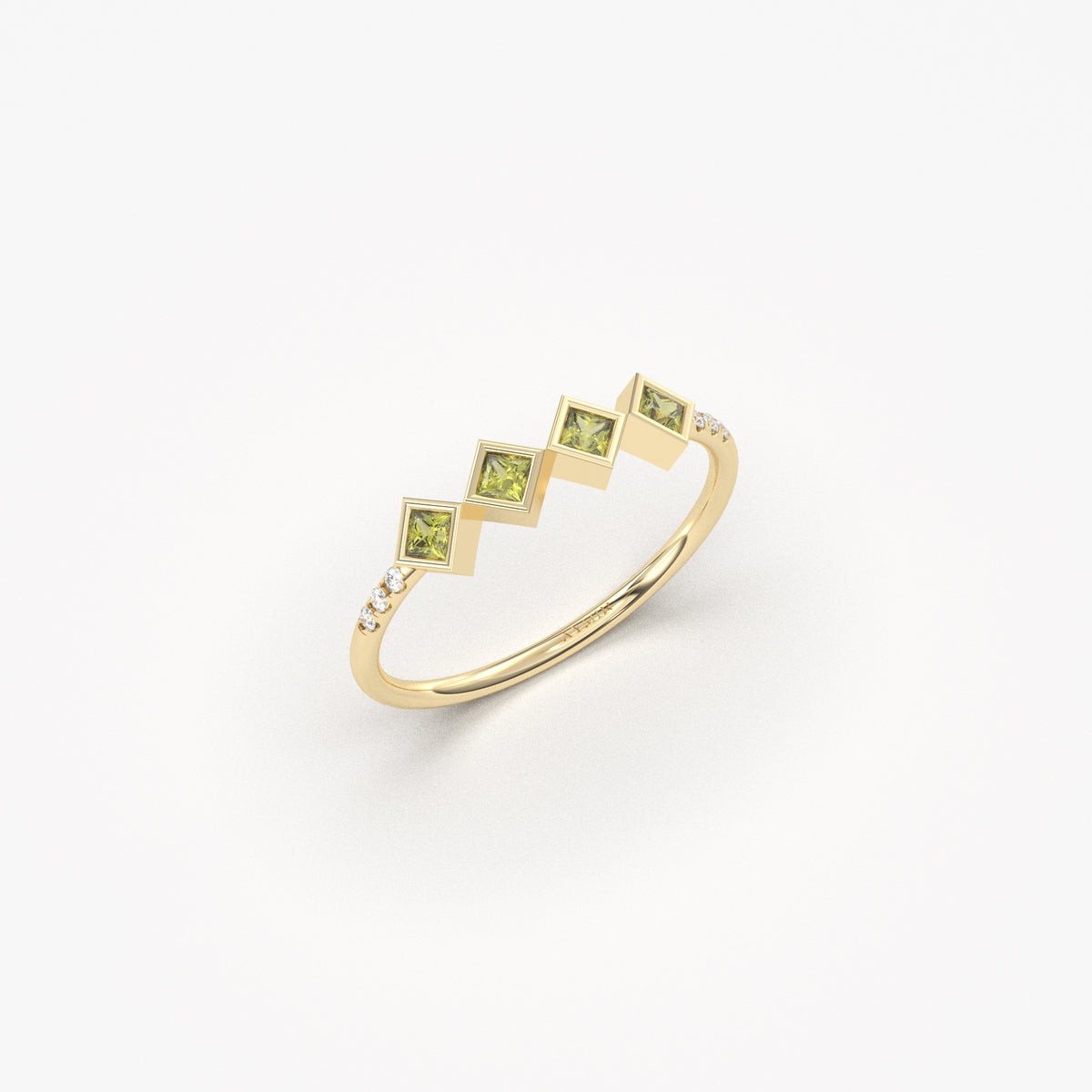 18K yellow gold green stone four princess ring with cubic zirconia, side view