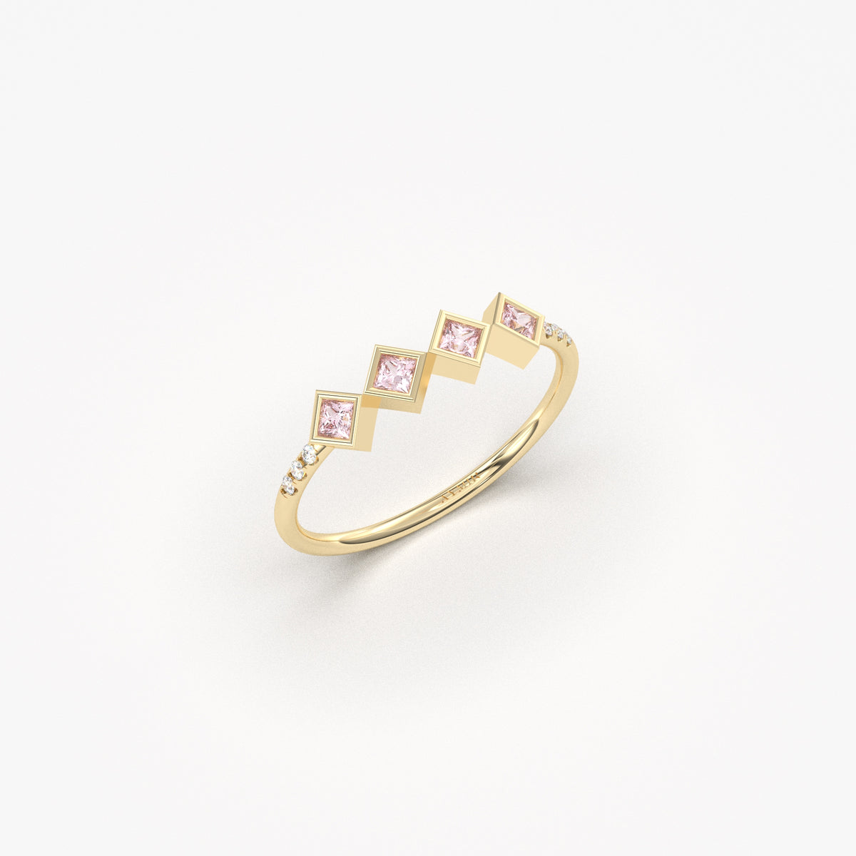 18K yellow gold pink stone four princess ring with cubic zirconia, side view