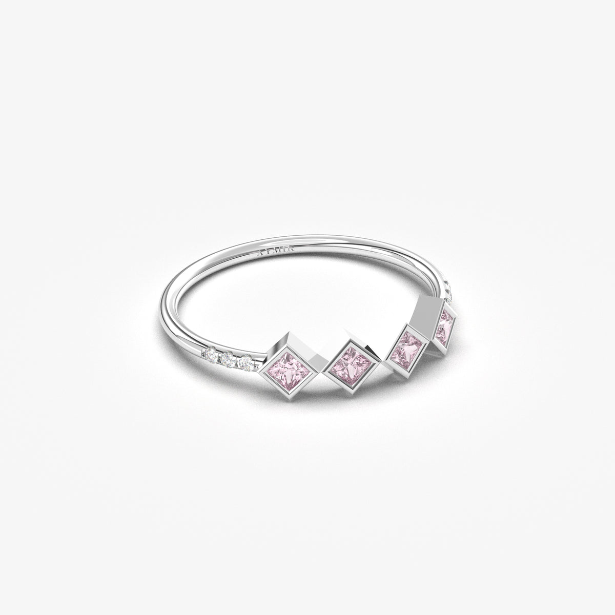 10K white gold pink stone four princess ring with cubic zirconia, angled view