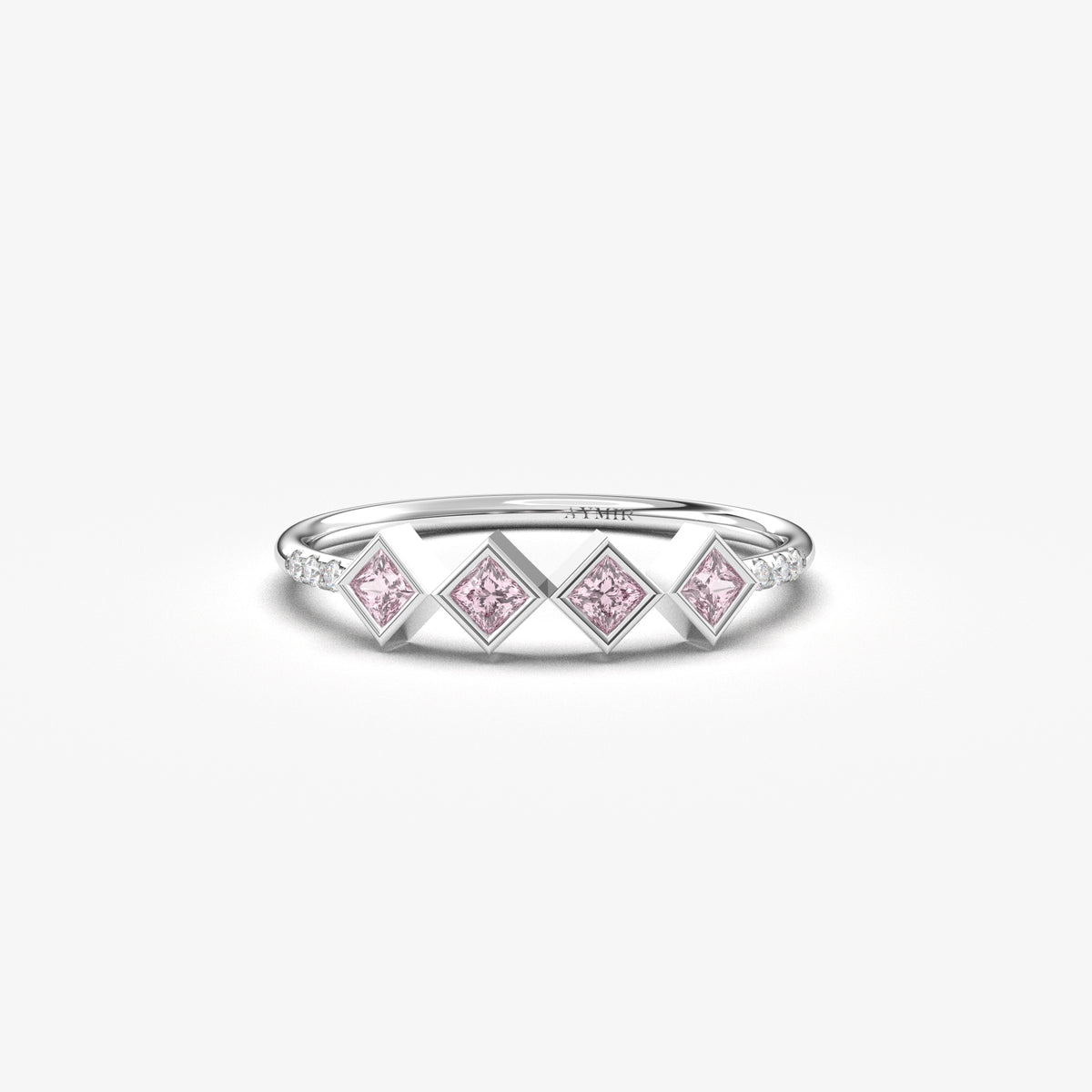 18K white gold pink stone four princess ring with cubic zirconia, front view