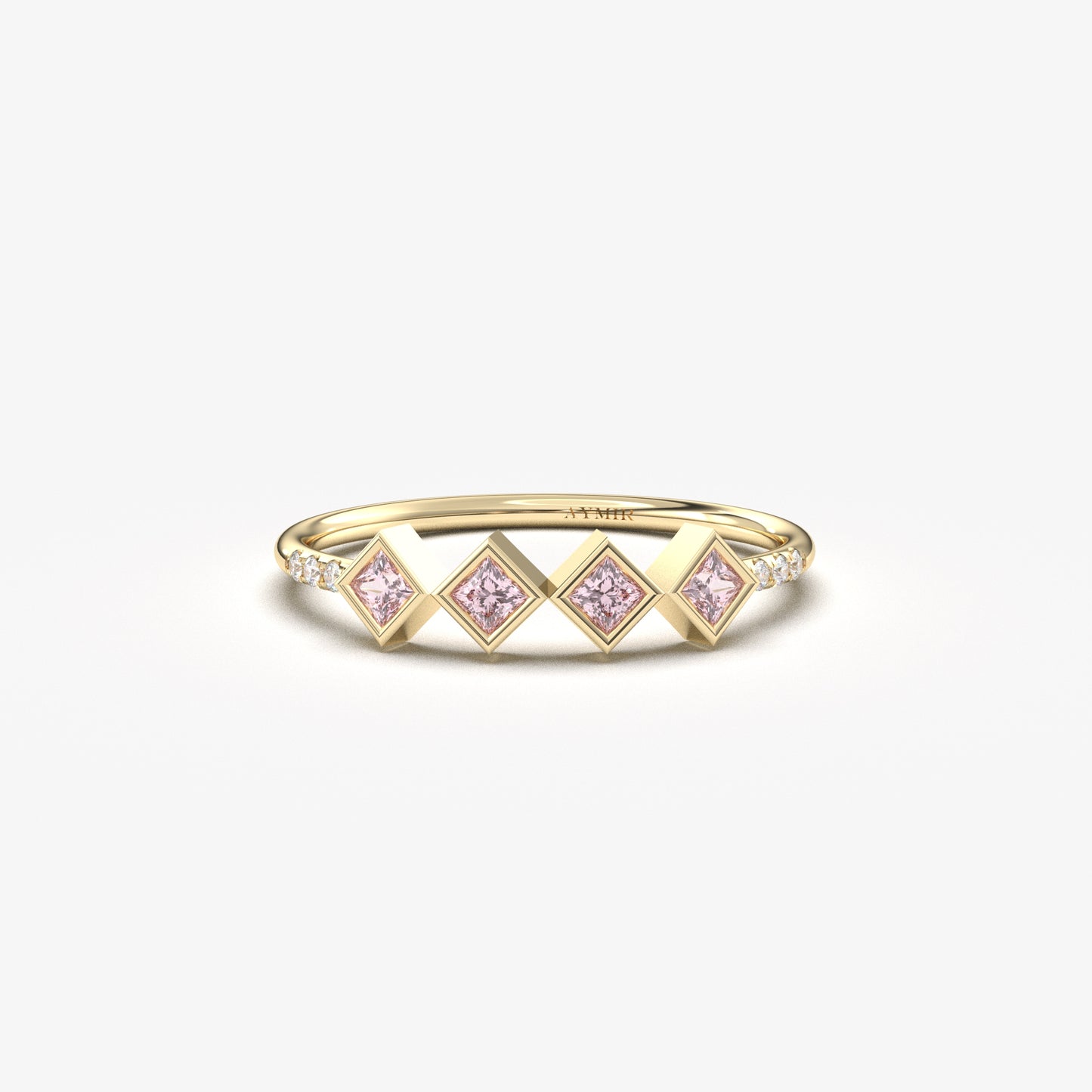 10K yellow gold pink stone four princess ring with cubic zirconia, front view
