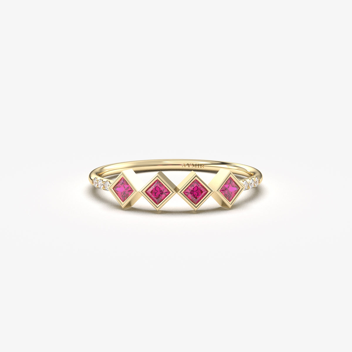 10K yellow gold red stone four princess ring with cubic zirconia, front view