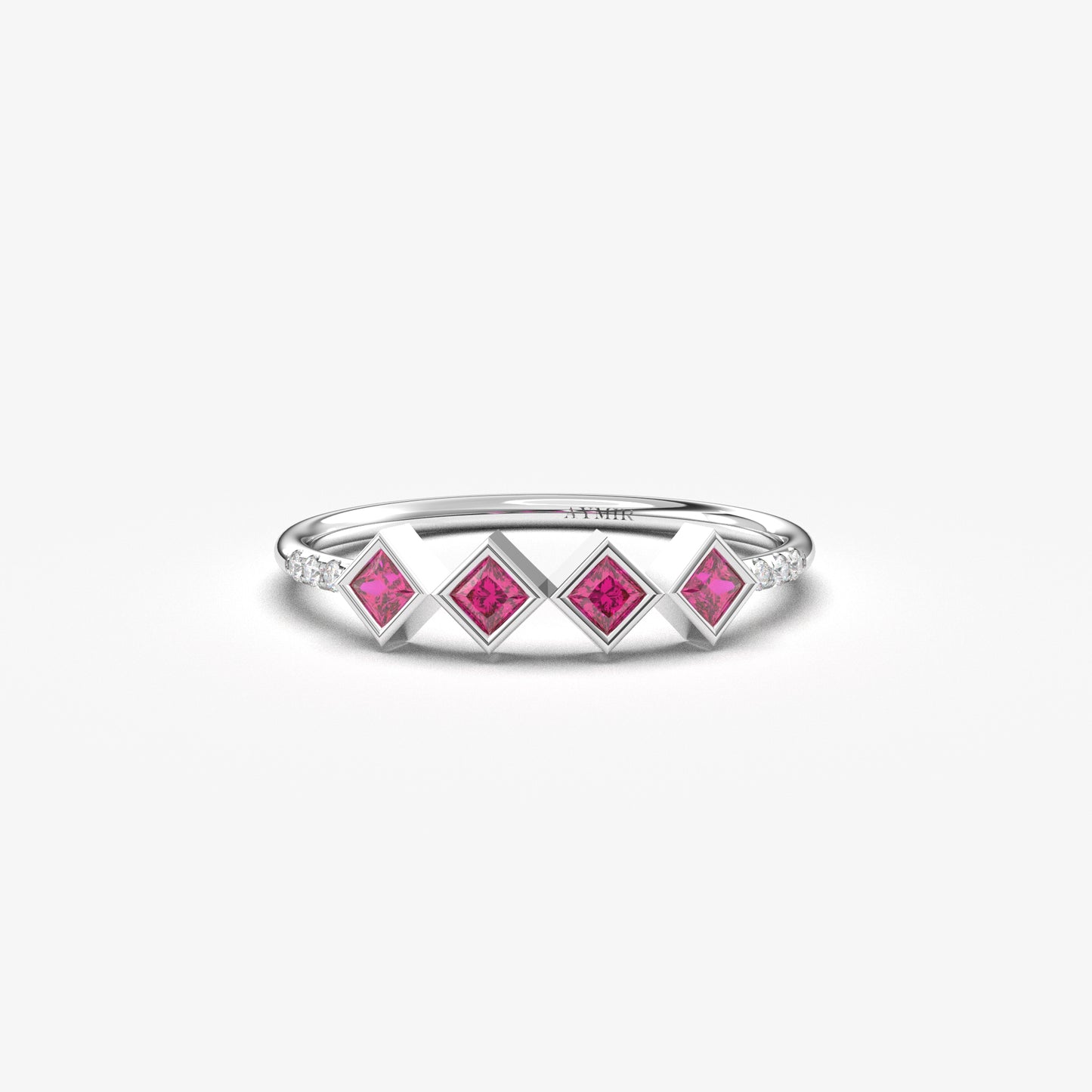 18K white gold red stone four princess ring with cubic zirconia, front view