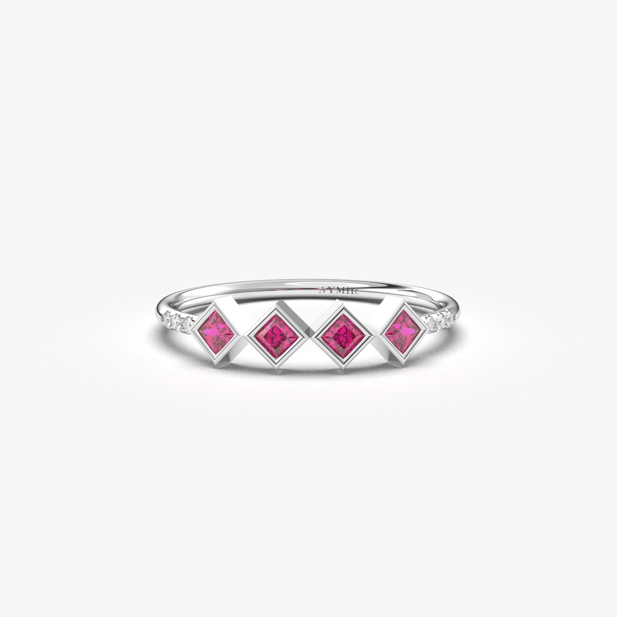 10K white gold red stone four princess ring with cubic zirconia, front view