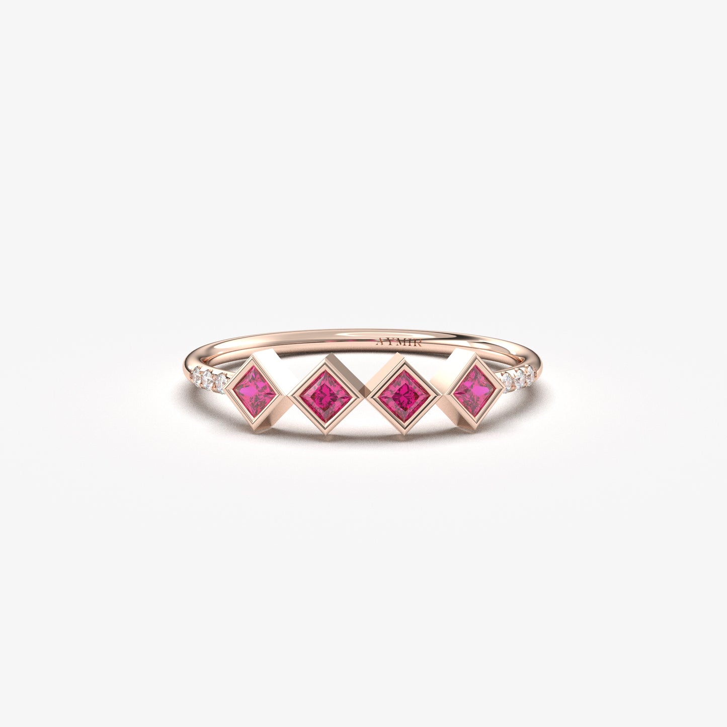 18K rose gold red stone four princess ring with cubic zirconia, front view
