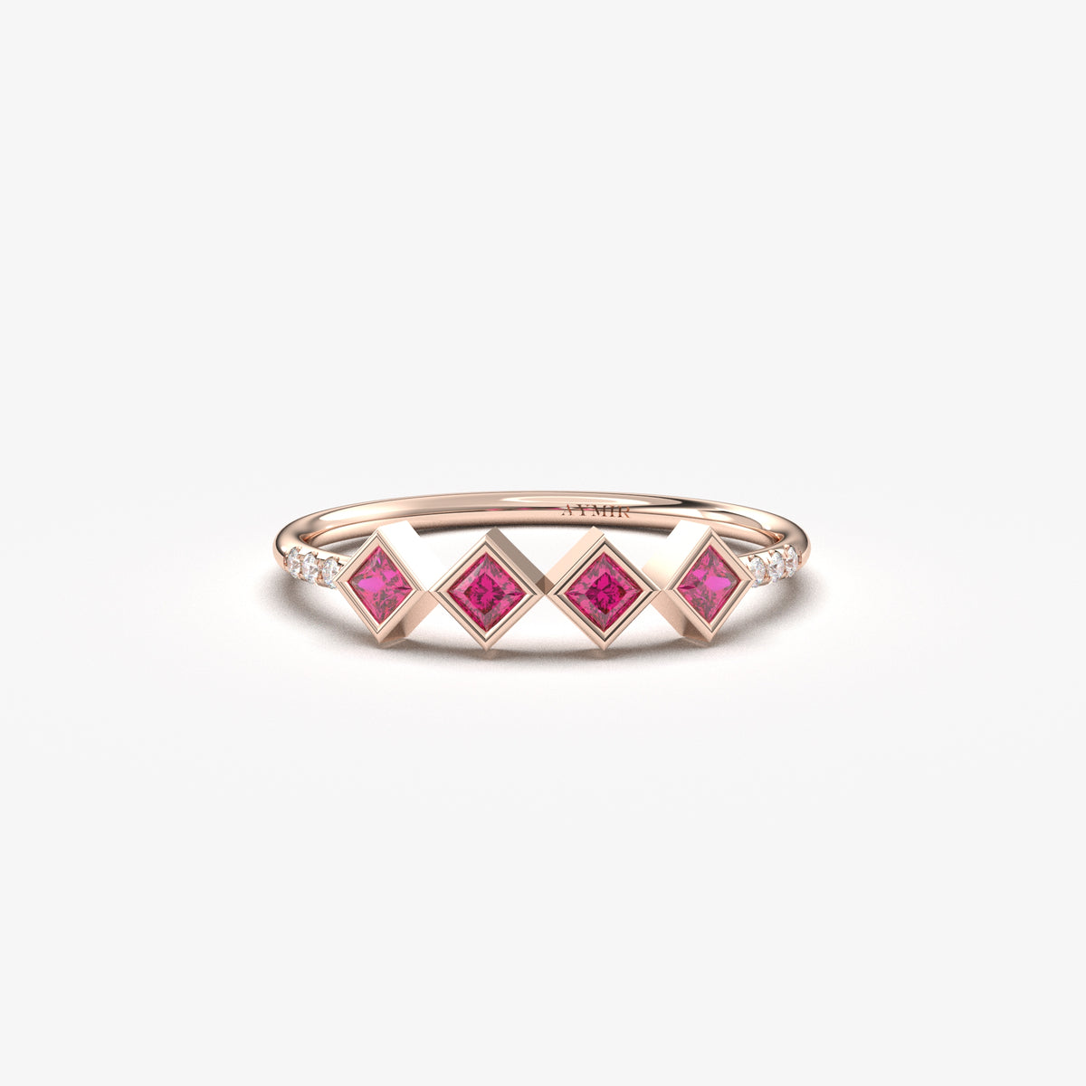 10K rose gold red stone four princess ring with cubic zirconia, front view