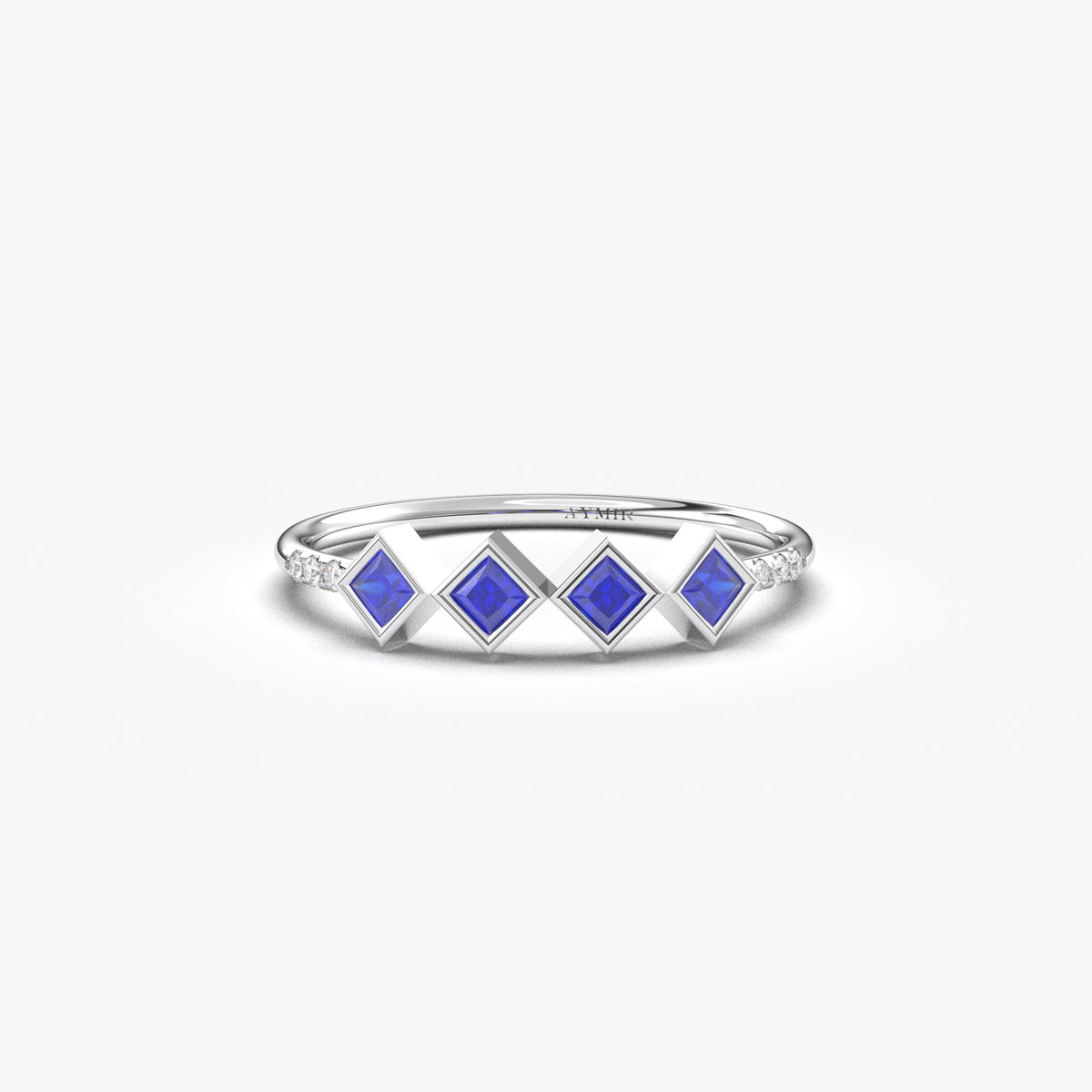 18K white gold blue stone four princess ring with cubic zirconia, front view