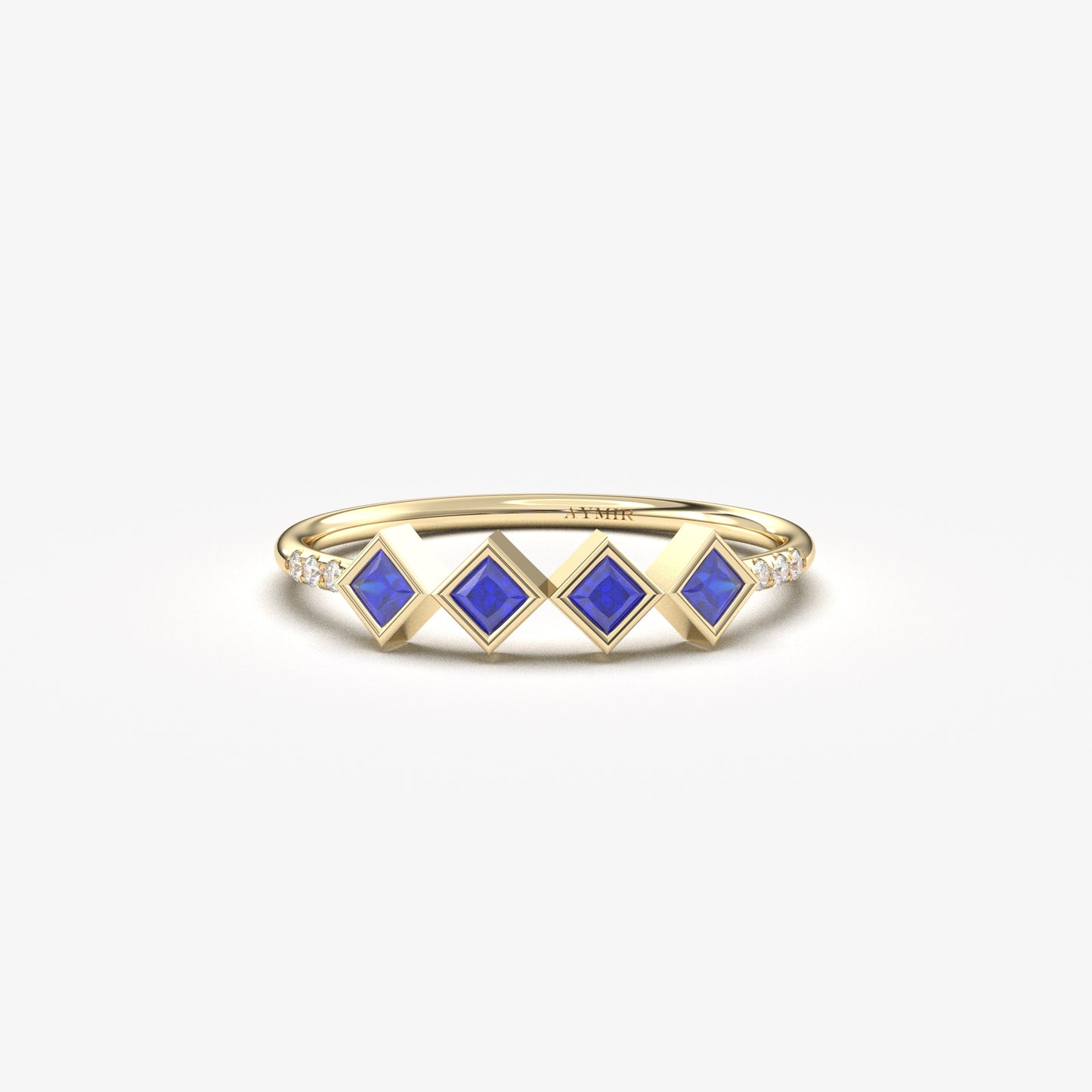 18K yellow gold blue stone four princess ring with cubic zirconia, front view