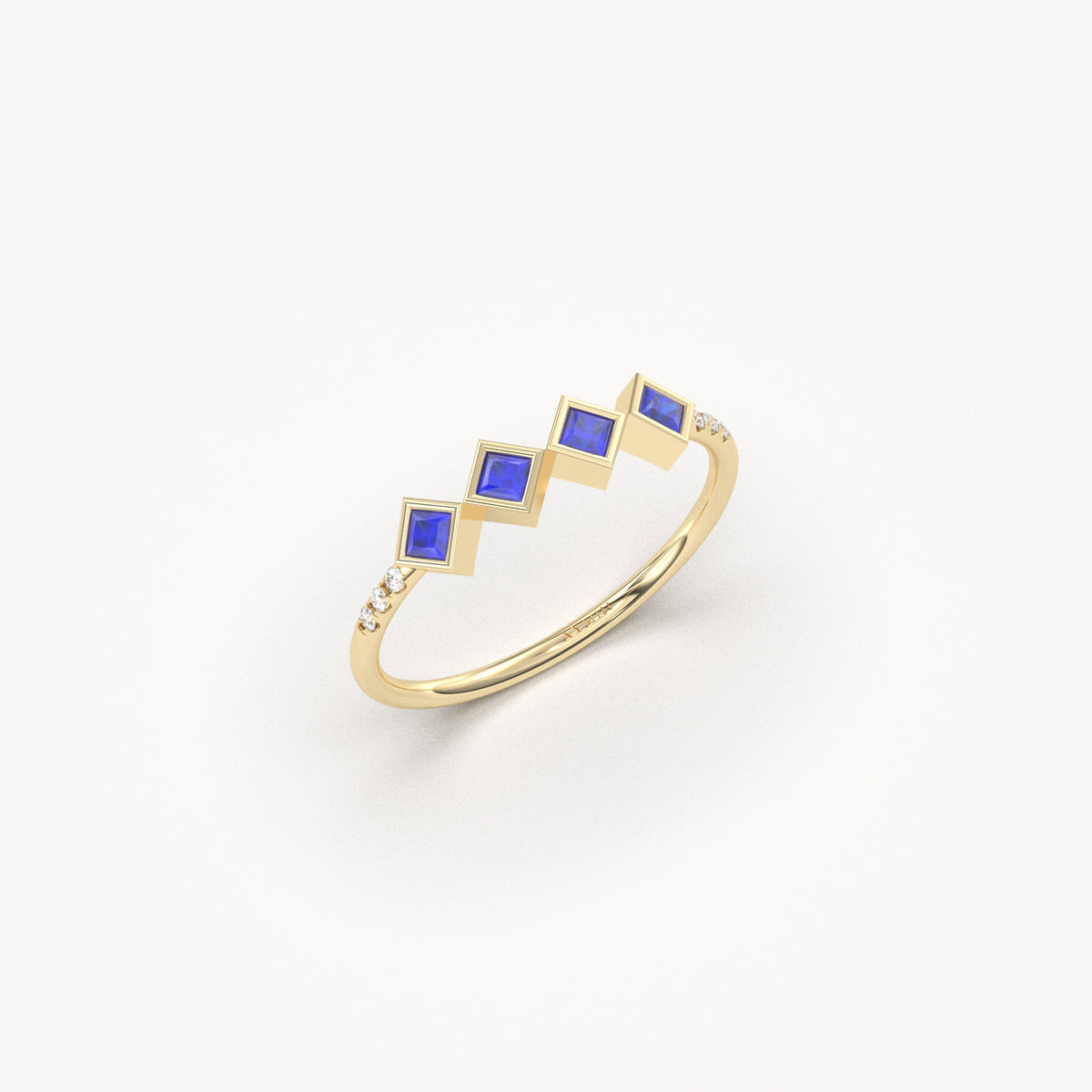 10K yellow gold blue stone four princess ring with cubic zirconia, side view
