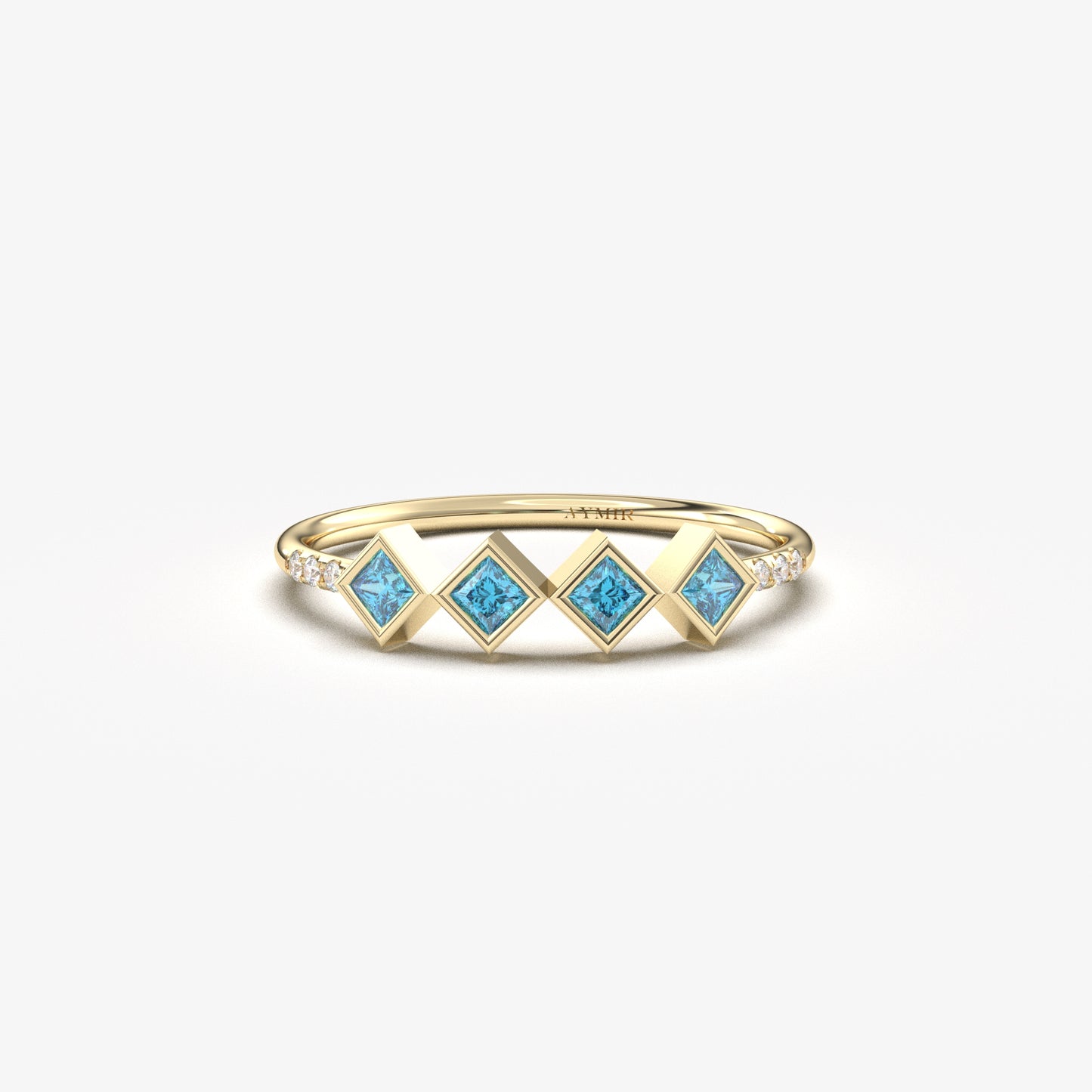10K yellow gold sky blue stone four princess ring with cubic zirconia, front view