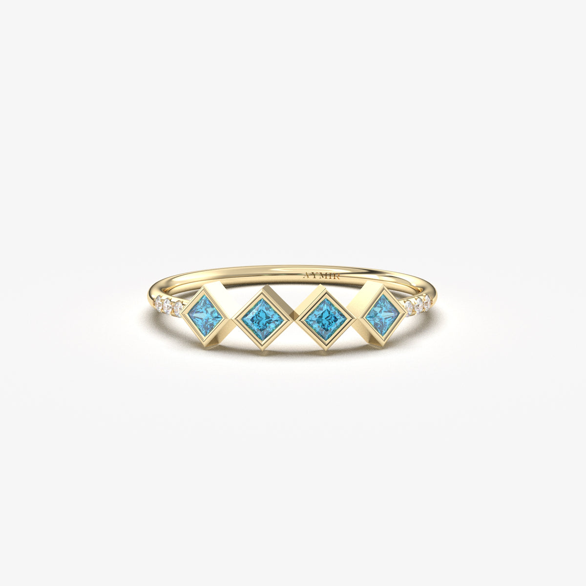 18K yellow gold sky blue stone four princess ring with cubic zirconia, front view